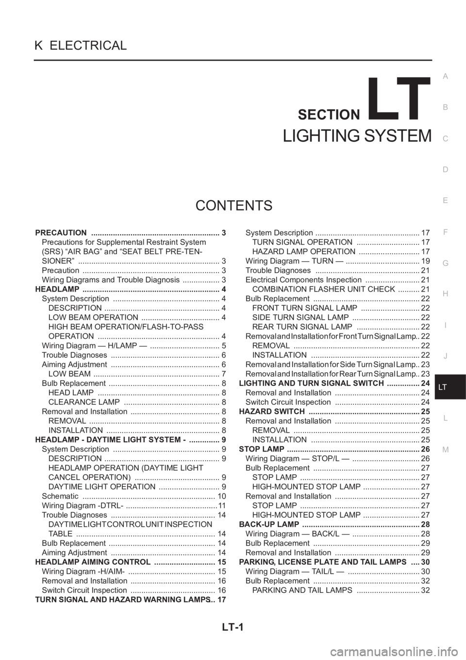 NISSAN X-TRAIL 2001 Service Repair Manual LT-1
LIGHTING SYSTEM
K ELECTRICAL
CONTENTS
C
D
E
F
G
H
I
J
L
M
SECTION
A
B
LT
LIGHTING SYSTEM
PRECAUTION ............................................................ 3
Precautions for Supplemental R NISSAN X-TRAIL 2001 Service Repair Manual LT-1
LIGHTING SYSTEM
K ELECTRICAL
CONTENTS
C
D
E
F
G
H
I
J
L
M
SECTION
A
B
LT
LIGHTING SYSTEM
PRECAUTION ............................................................ 3
Precautions for Supplemental R