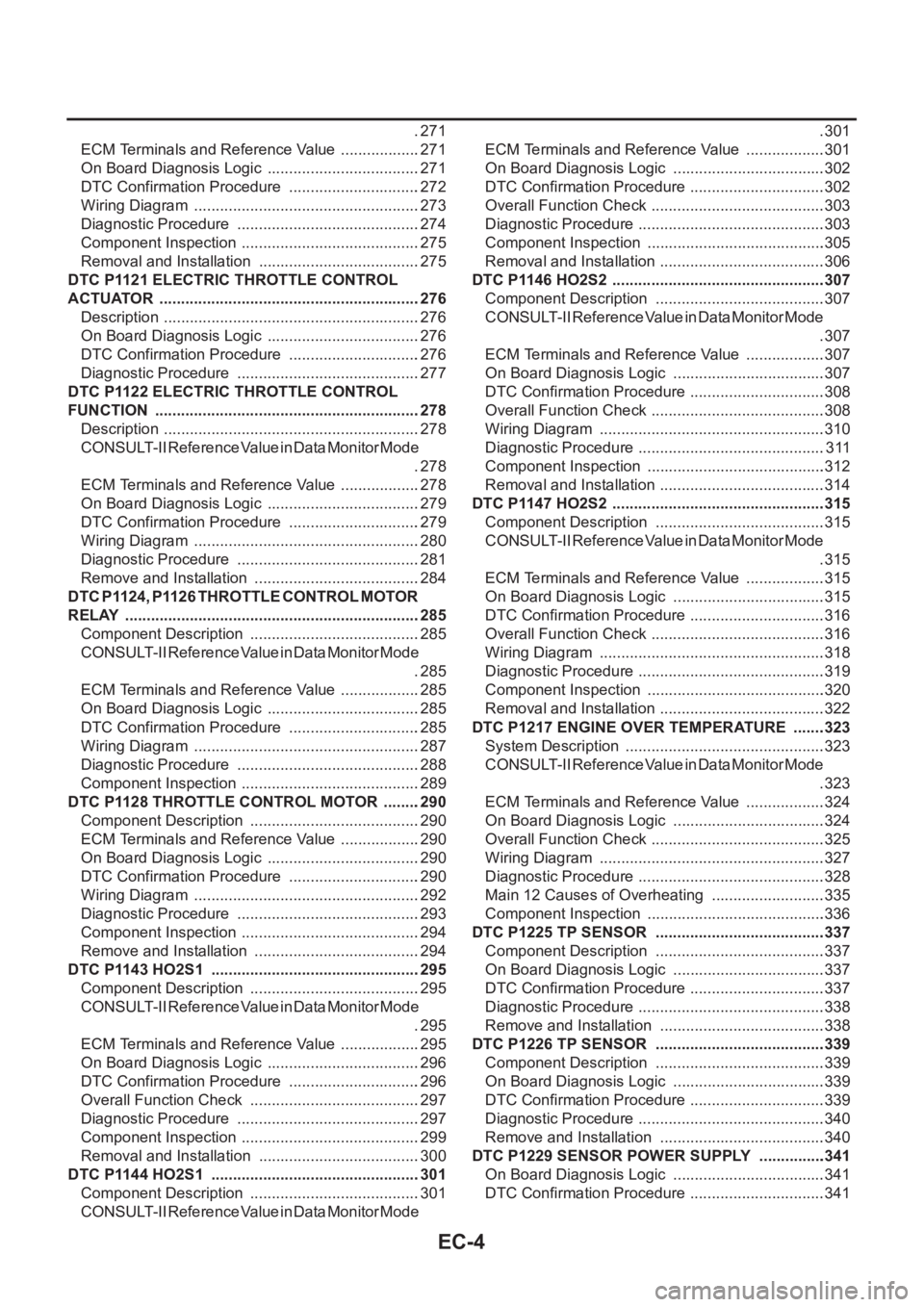 NISSAN X-TRAIL 2001 Service Repair Manual EC-4
.271
ECM Terminals and Reference Value ...................271
On Board Diagnosis Logic ....................................271
DTC Confirmation Procedure ...............................272
Wir NISSAN X-TRAIL 2001 Service Repair Manual EC-4
.271
ECM Terminals and Reference Value ...................271
On Board Diagnosis Logic ....................................271
DTC Confirmation Procedure ...............................272
Wir