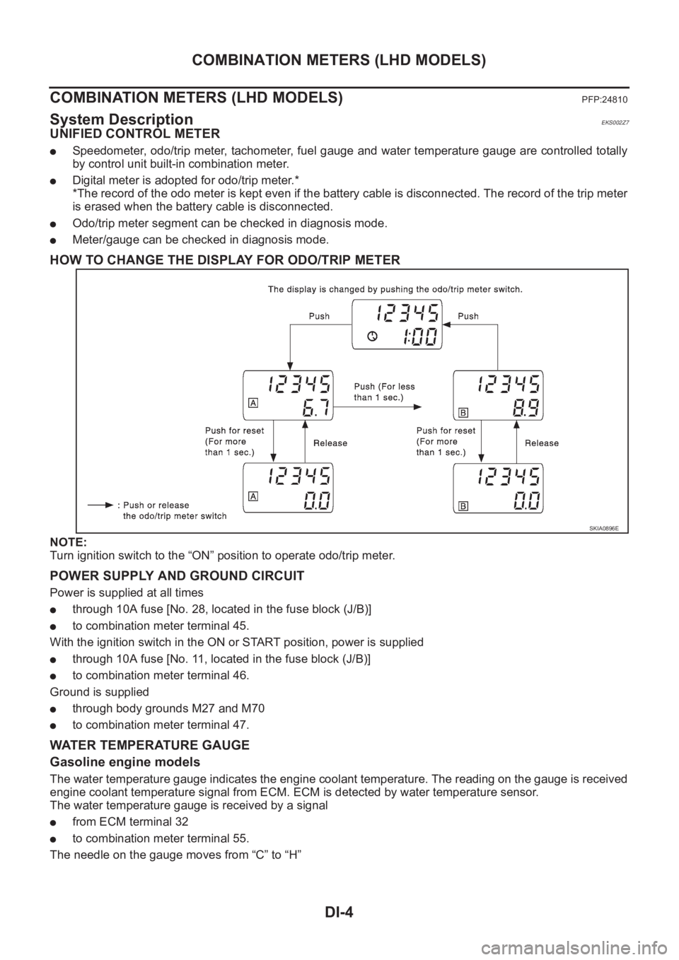 NISSAN X-TRAIL 2001  Service Repair Manual DI-4
COMBINATION METERS (LHD MODELS)
COMBINATION METERS (LHD MODELS)
PFP:24810
System DescriptionEKS002Z7
UNIFIED CONTROL METER
●Speedometer, odo/trip meter, tachometer,  fuel gauge and water temper