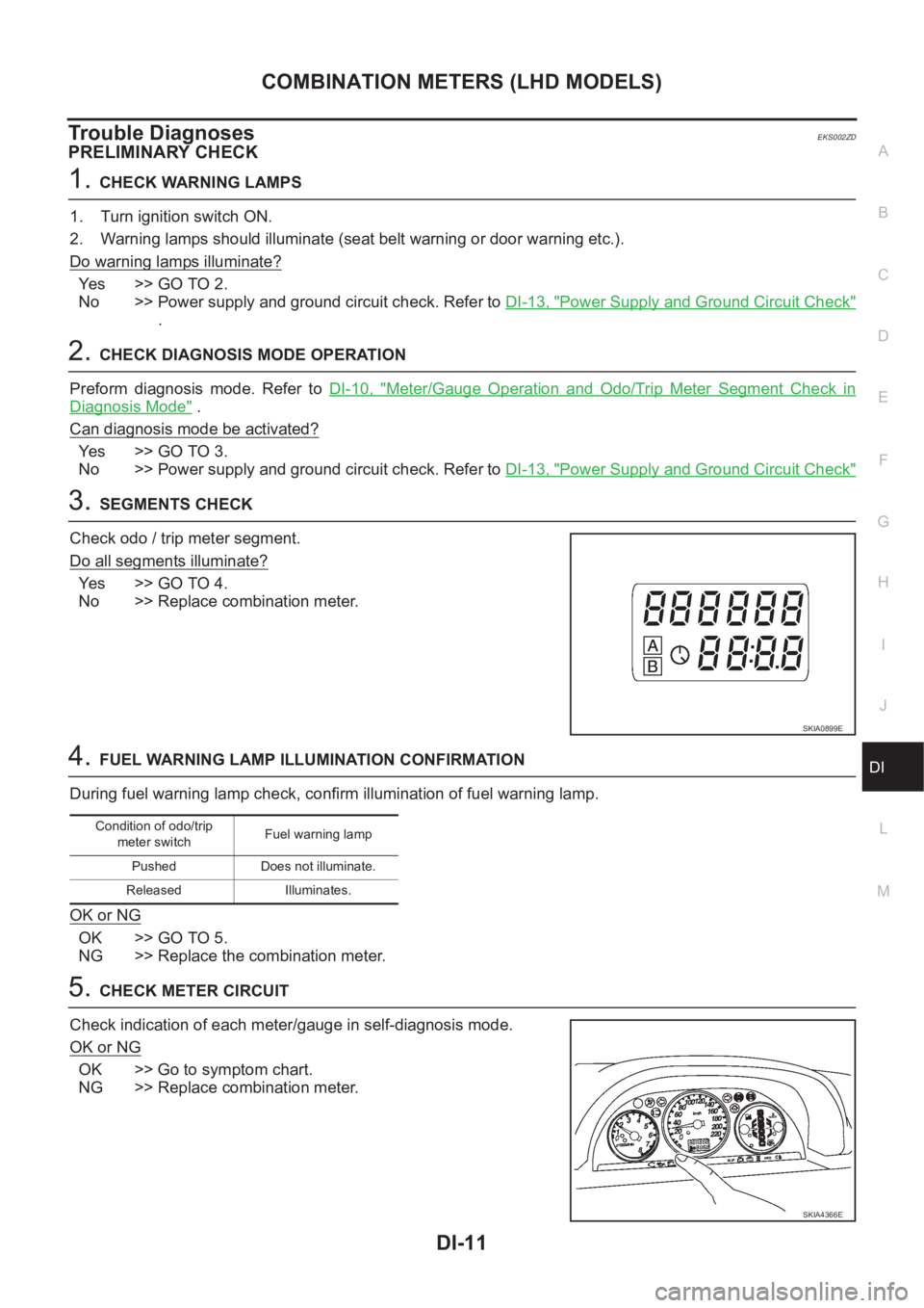 NISSAN X-TRAIL 2001  Service Repair Manual COMBINATION METERS (LHD MODELS)
DI-11
C
D
E
F
G
H
I
J
L
MA
B
DI
Trouble DiagnosesEKS002ZD
PRELIMINARY CHECK
1.CHECK WARNING LAMPS
1. Turn ignition switch ON.
2. Warning lamps should illuminate (seat b