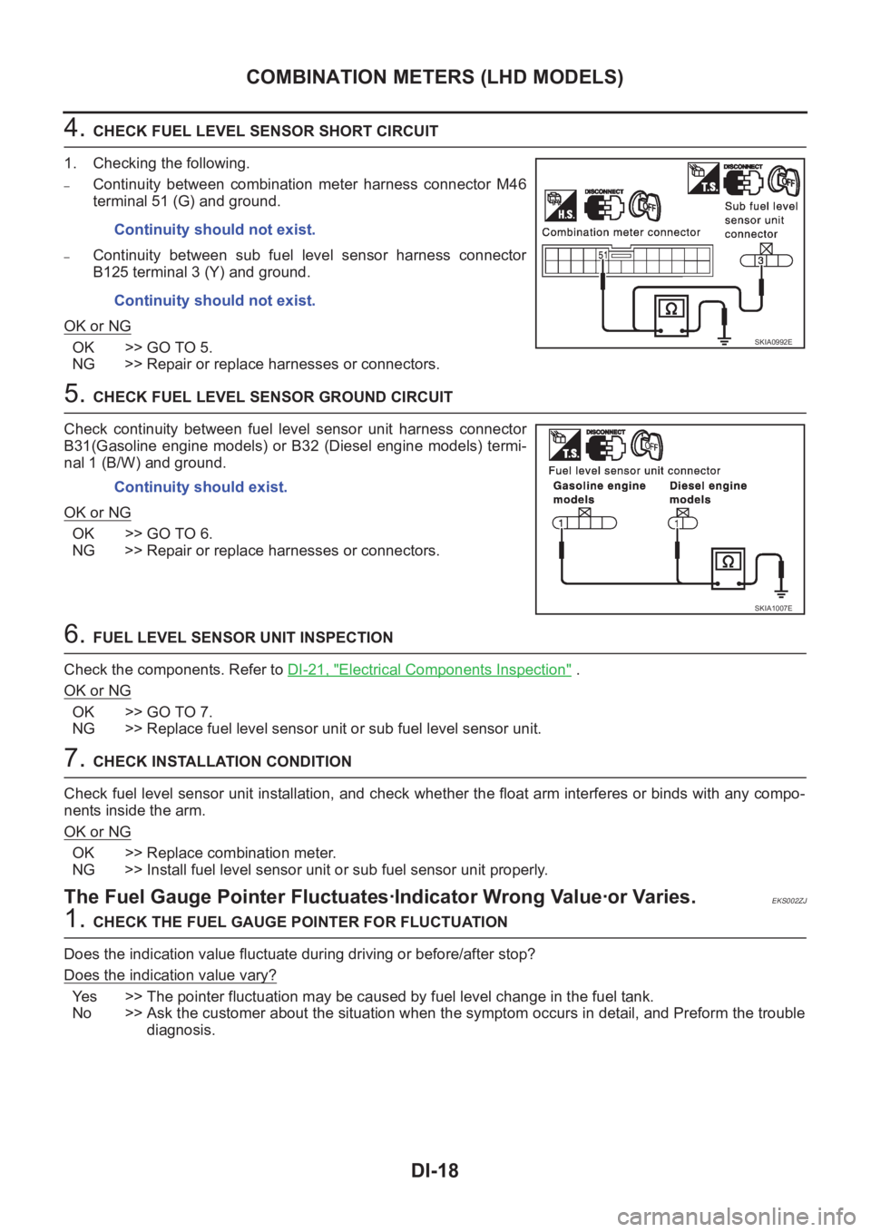 NISSAN X-TRAIL 2001  Service Repair Manual DI-18
COMBINATION METERS (LHD MODELS)
4. CHECK FUEL LEVEL SENSOR SHORT CIRCUIT
1. Checking the following.
–Continuity  between  combination  meter  harness  connector  M46
terminal 51 (G) and ground
