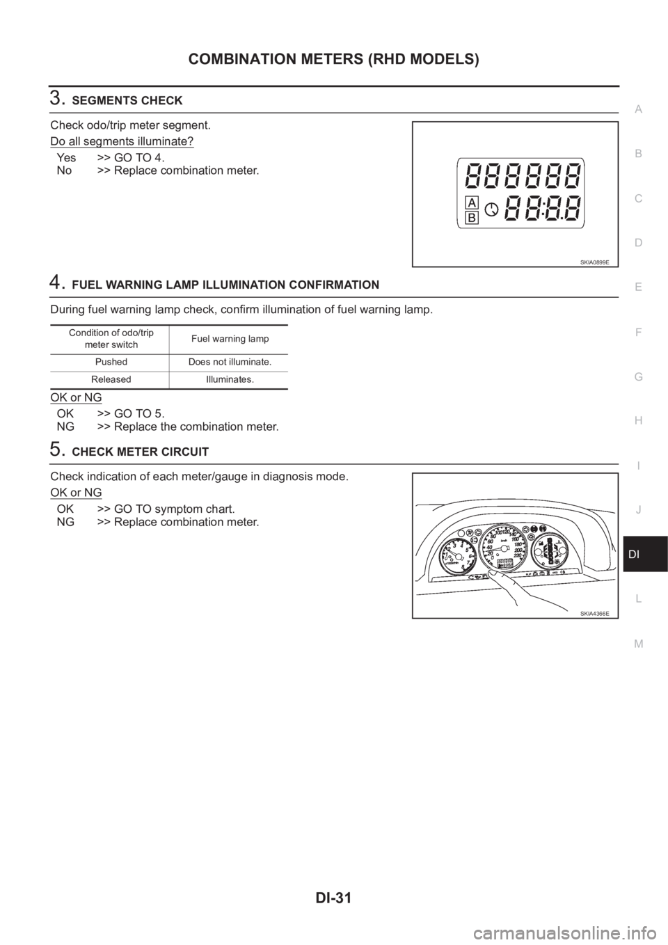 NISSAN X-TRAIL 2001 Service Repair Manual COMBINATION METERS (RHD MODELS)
DI-31
C
D
E
F
G
H
I
J
L
MA
B
DI
3.SEGMENTS CHECK
Check odo/trip meter segment.
Do all segments illuminate?
Ye s > > G O T O 4 .
No >> Replace combination meter.
4.F NISSAN X-TRAIL 2001 Service Repair Manual COMBINATION METERS (RHD MODELS)
DI-31
C
D
E
F
G
H
I
J
L
MA
B
DI
3.SEGMENTS CHECK
Check odo/trip meter segment.
Do all segments illuminate?
Ye s > > G O T O 4 .
No >> Replace combination meter.
4.F