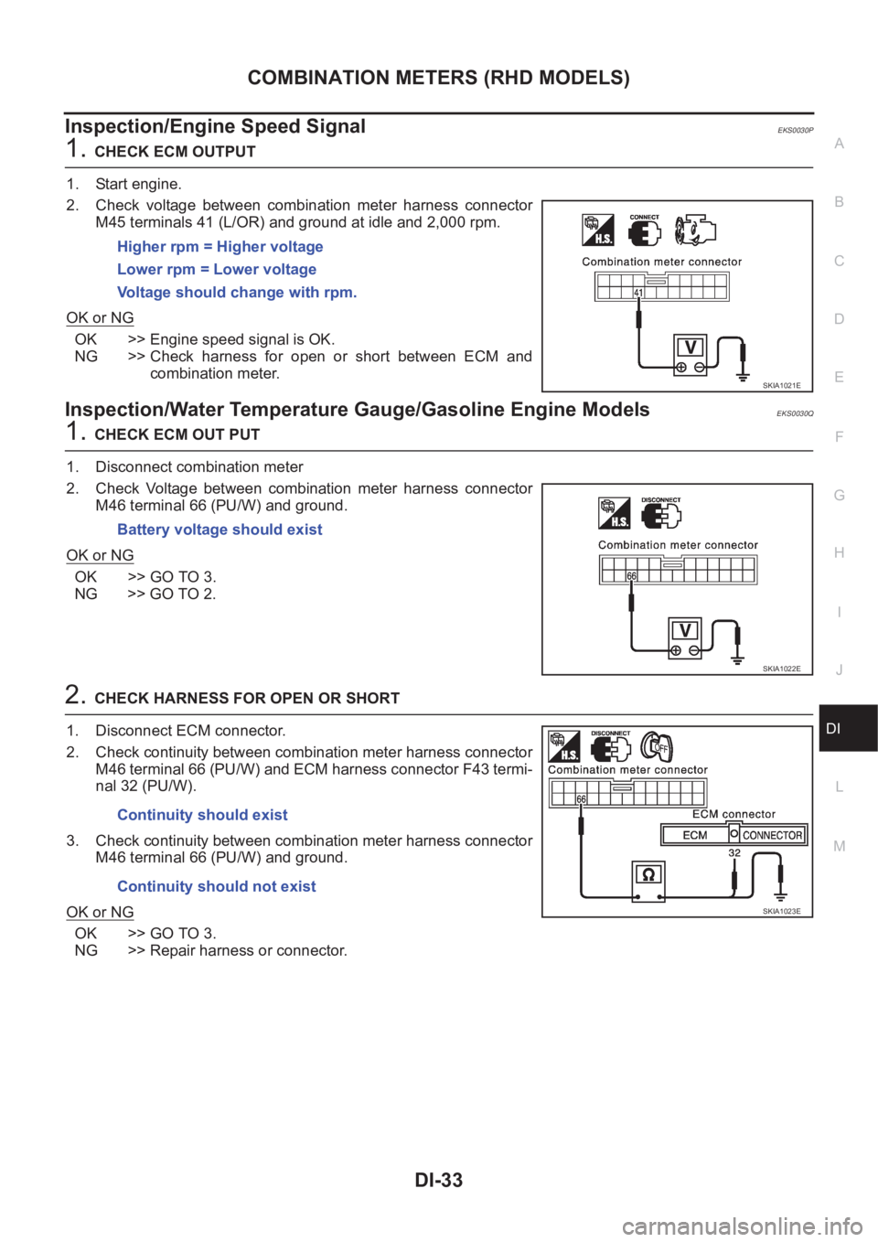 NISSAN X-TRAIL 2001 Service Repair Manual COMBINATION METERS (RHD MODELS)
DI-33
C
D
E
F
G
H
I
J
L
MA
B
DI
Inspection/Engine Speed SignalEKS0030P
1.CHECK ECM OUTPUT
1. Start engine.
2. Check voltage between combination meter harness conn NISSAN X-TRAIL 2001 Service Repair Manual COMBINATION METERS (RHD MODELS)
DI-33
C
D
E
F
G
H
I
J
L
MA
B
DI
Inspection/Engine Speed SignalEKS0030P
1.CHECK ECM OUTPUT
1. Start engine.
2. Check voltage between combination meter harness conn