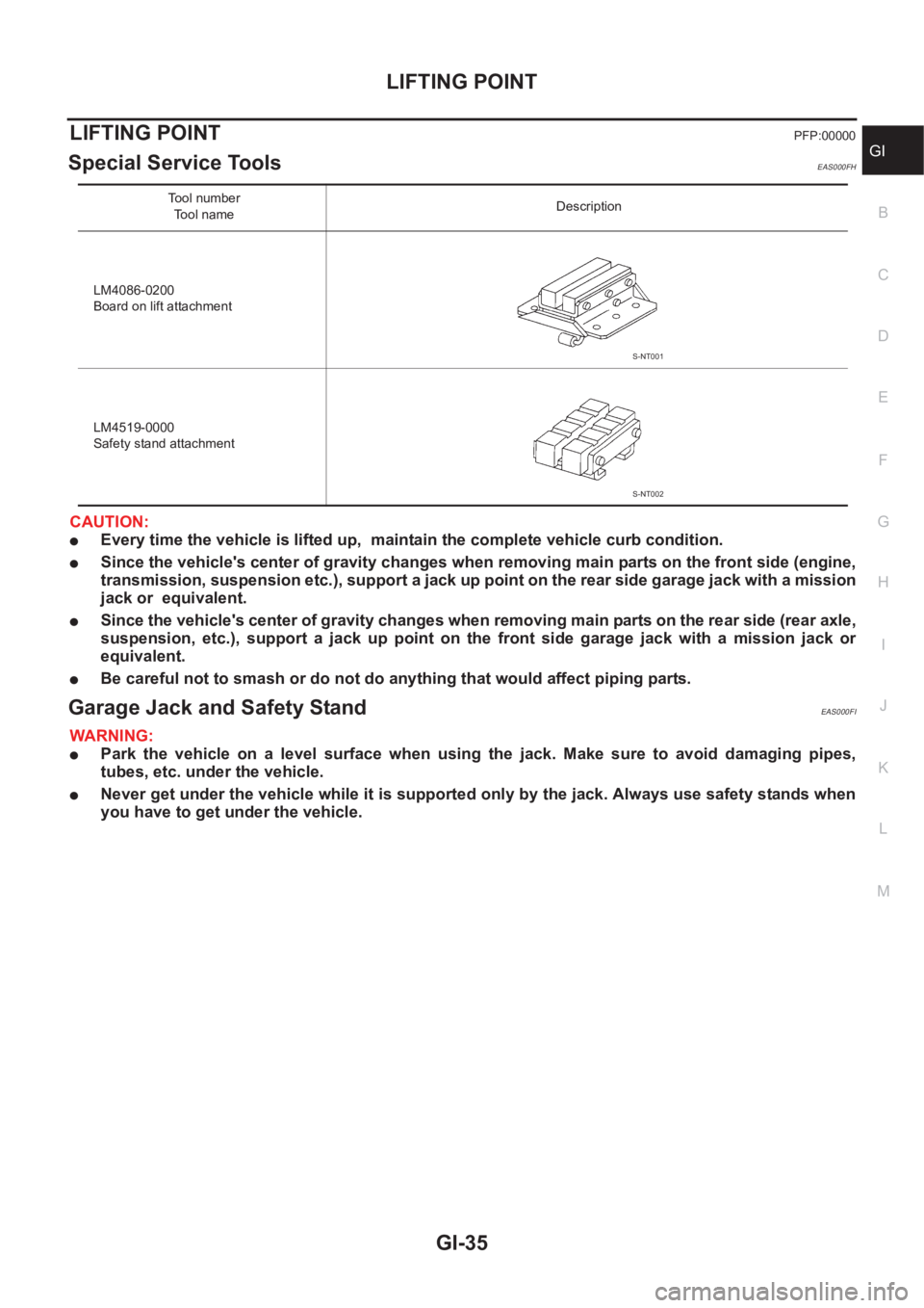 NISSAN X-TRAIL 2001  Service Owners Guide LIFTING POINT
GI-35
C
D
E
F
G
H
I
J
K
L
MB
GI
LIFTING POINTPFP:00000
Special Service Tools EAS000FH
CAUTION:
●Every time the vehicle is lifted up,  maintain the complete vehicle curb condition.
●S