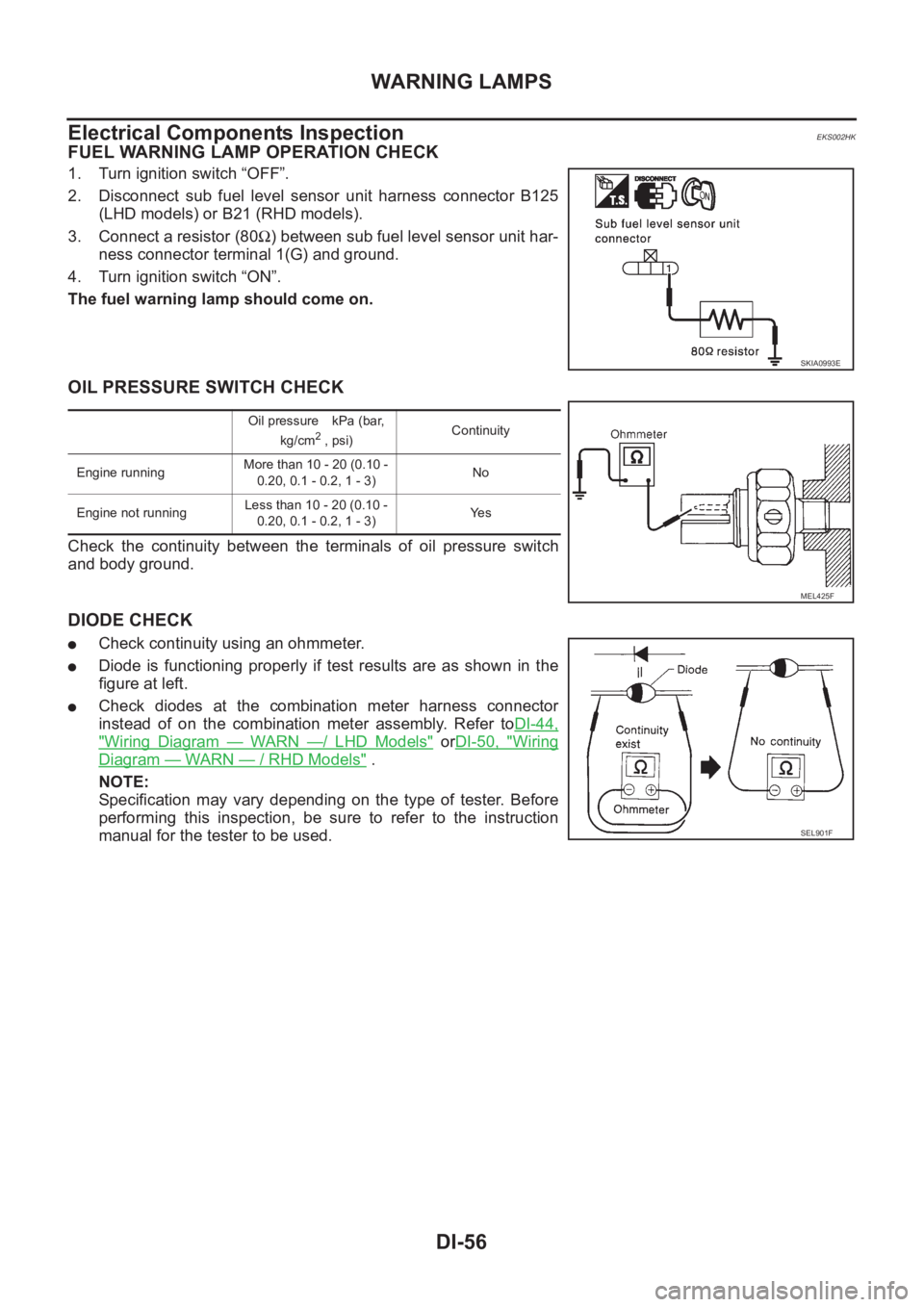 NISSAN X-TRAIL 2001  Service Repair Manual DI-56
WARNING LAMPS
Electrical Components Inspection
EKS002HK
FUEL WARNING LAMP OPERATION CHECK
1. Turn ignition switch “OFF”.
2. Disconnect  sub  fuel  level  sensor  unit  harness  connector  B1