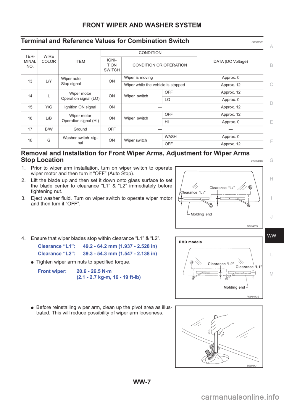 NISSAN X-TRAIL 2001 Service Repair Manual FRONT WIPER AND WASHER SYSTEM
WW-7
C
D
E
F
G
H
I
J
L
MA
B
WW
Terminal and Reference Values for Combination SwitchEKS0032P
Removal and Installation for Front Wiper Arms, Adjustment for Wiper Arms
Stop NISSAN X-TRAIL 2001 Service Repair Manual FRONT WIPER AND WASHER SYSTEM
WW-7
C
D
E
F
G
H
I
J
L
MA
B
WW
Terminal and Reference Values for Combination SwitchEKS0032P
Removal and Installation for Front Wiper Arms, Adjustment for Wiper Arms
Stop