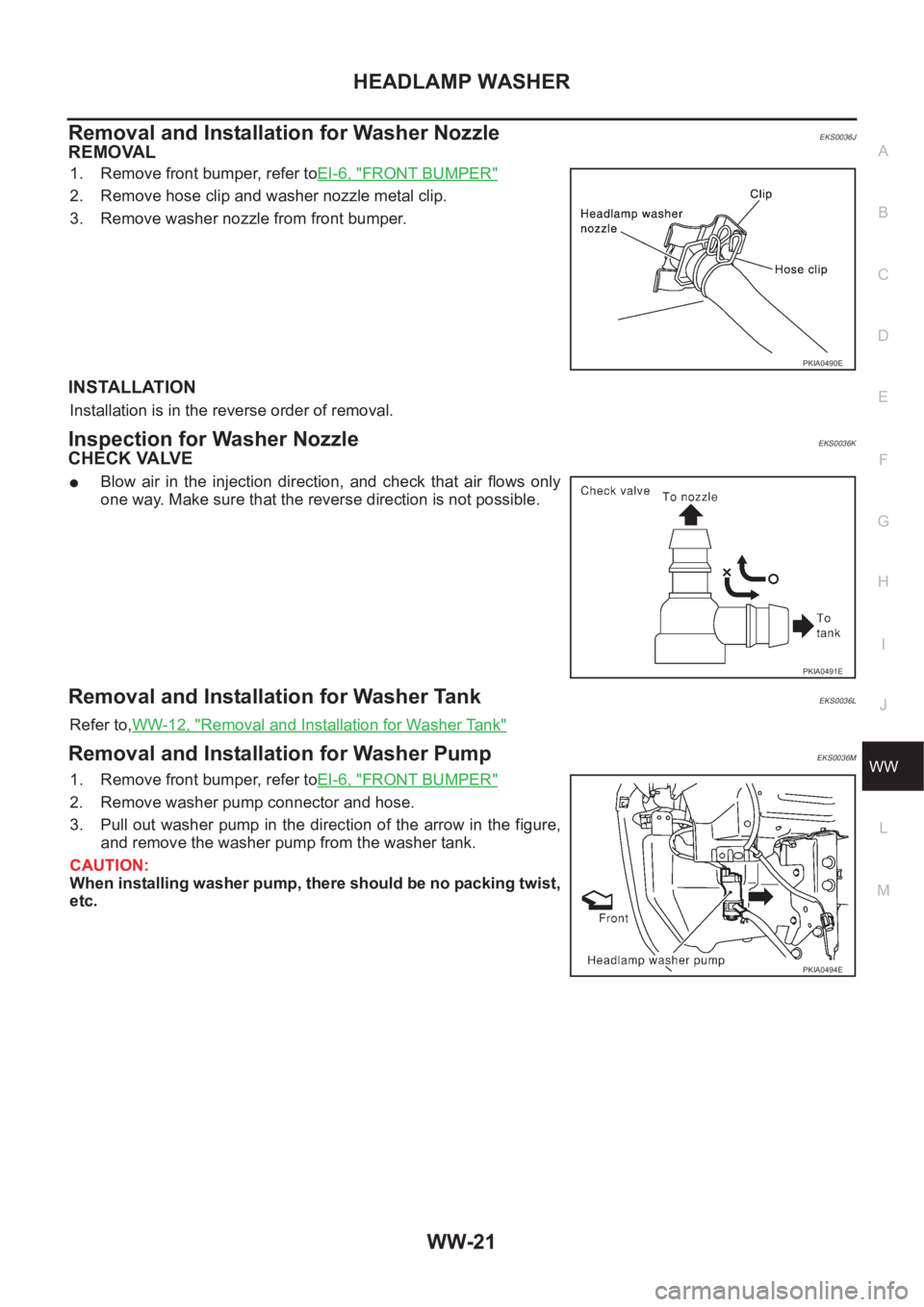 NISSAN X-TRAIL 2001  Service Repair Manual HEADLAMP WASHER
WW-21
C
D
E
F
G
H
I
J
L
MA
B
WW
Removal and Installation for Washer NozzleEKS0036J
REMOVAL
1. Remove front bumper, refer toEI-6, "FRONT BUMPER"
2. Remove hose clip and washer n