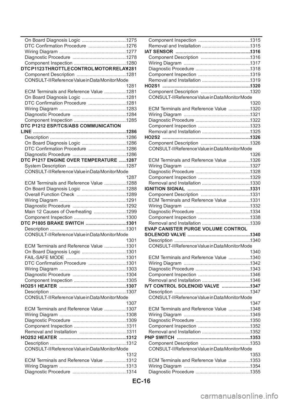 NISSAN X-TRAIL 2001 Service Repair Manual EC-16
On Board Diagnosis Logic ...................................1275
DTC Confirmation Procedure ..............................1276
Wiring Diagram ................................................. NISSAN X-TRAIL 2001 Service Repair Manual EC-16
On Board Diagnosis Logic ...................................1275
DTC Confirmation Procedure ..............................1276
Wiring Diagram .................................................