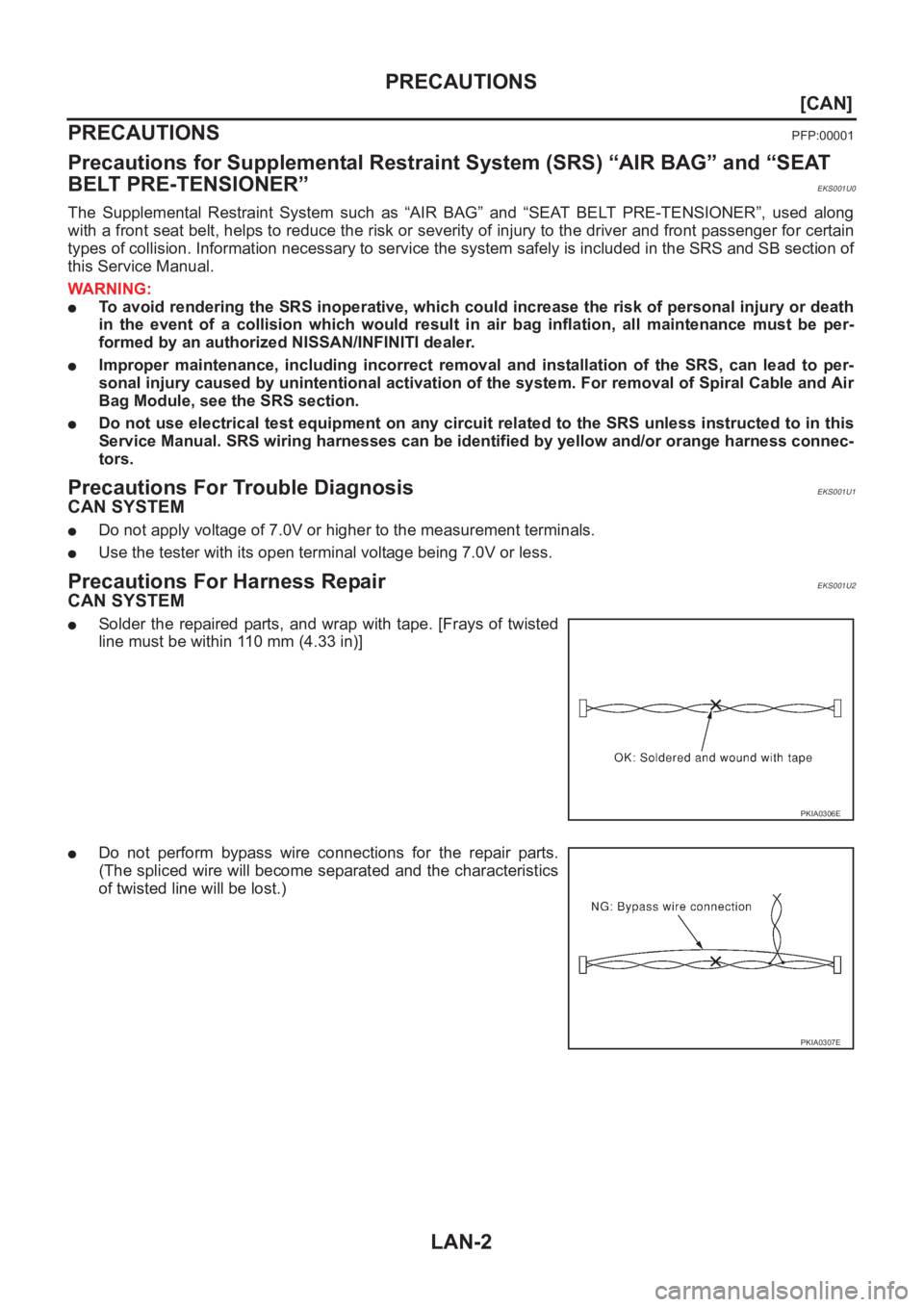 NISSAN X-TRAIL 2001  Service Repair Manual LAN-2
[CAN]
PRECAUTIONS
[CAN]PRECAUTIONSPFP:00001
Precautions for Supplemental Restraint System (SRS) “AIR BAG” and “SEAT 
BELT PRE-TENSIONER”
EKS001U0
The  Supplemental  Restraint  System  su