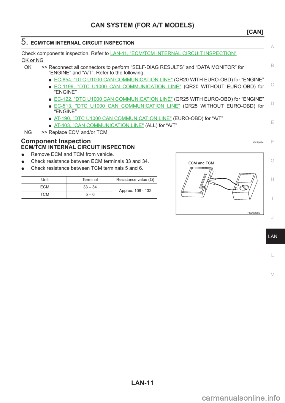 NISSAN X-TRAIL 2001  Service Repair Manual CAN SYSTEM (FOR A/T MODELS)
LAN-11
[CAN]
C
D
E
F
G
H
I
J
L
MA
B
LAN
5.ECM/TCM INTERNAL CIRCUIT INSPECTION
Check components inspection. Refer to LAN-11, "
ECM/TCM INTERNAL CIRCUIT INSPECTION"
O