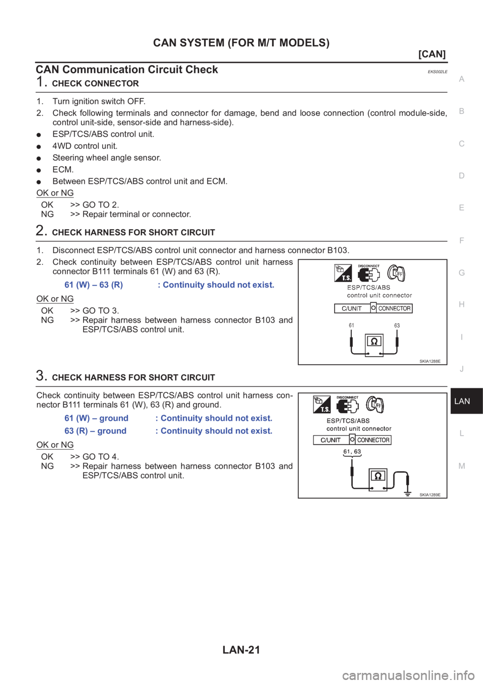 NISSAN X-TRAIL 2001  Service Repair Manual CAN SYSTEM (FOR M/T MODELS)
LAN-21
[CAN]
C
D
E
F
G
H
I
J
L
MA
B
LAN
CAN Communication Circuit CheckEKS002LE
1.CHECK CONNECTOR
1. Turn ignition switch OFF.
2. Check  following  terminals  and  connecto