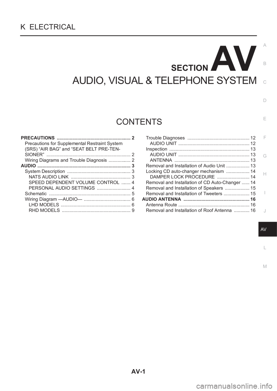 NISSAN X-TRAIL 2001  Service Repair Manual AV-1
AUDIO, VISUAL & TELEPHONE SYSTEM
K  ELECTRICAL
CONTENTS
C
D
E
F
G
H
I
J
L
M
SECTION
A
B
AV
AUDIO, VISUAL & TELEPHONE SYSTEM
PRECAUTIONS  ..........................................................