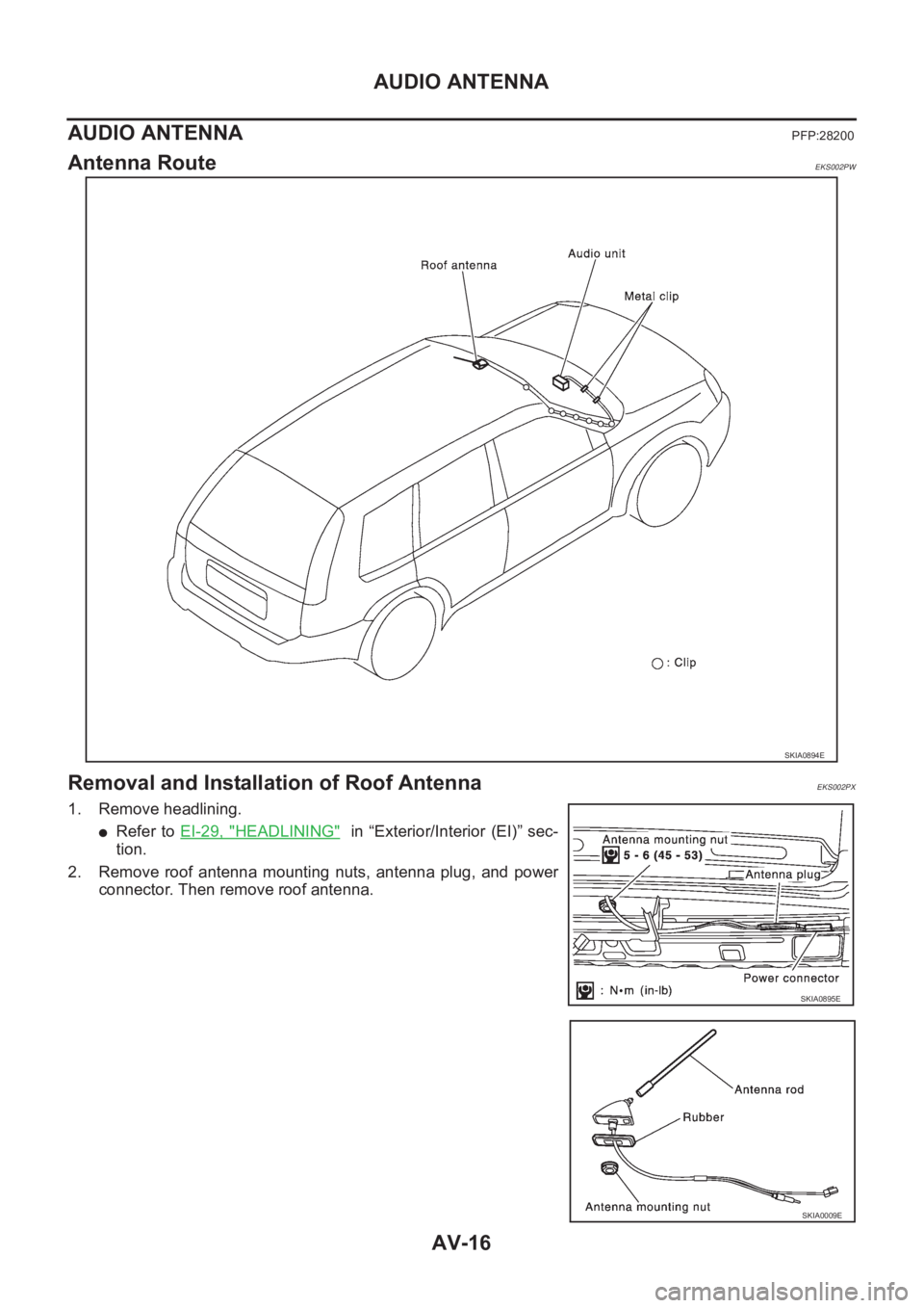 NISSAN X-TRAIL 2001 Service Repair Manual AV-16
AUDIO ANTENNA
AUDIO ANTENNA
PFP:28200
Antenna RouteEKS002PW
Removal and Installation of Roof AntennaEKS002PX
1. Remove headlining.
●Refer to EI-29, "HEADLINING" in “Exterior/In NISSAN X-TRAIL 2001 Service Repair Manual AV-16
AUDIO ANTENNA
AUDIO ANTENNA
PFP:28200
Antenna RouteEKS002PW
Removal and Installation of Roof AntennaEKS002PX
1. Remove headlining.
●Refer to EI-29, "HEADLINING" in “Exterior/In
