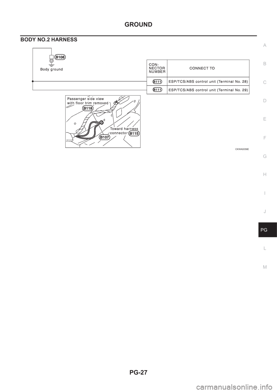 NISSAN X-TRAIL 2001  Service Repair Manual GROUND
PG-27
C
D
E
F
G
H
I
J
L
MA
B
PG
BODY NO.2 HARNESS
CKWA0056E 
