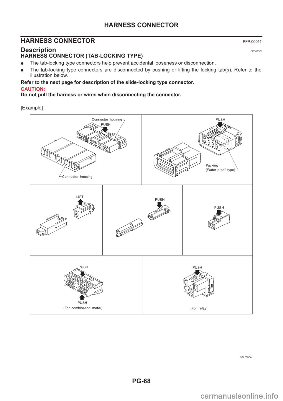 NISSAN X-TRAIL 2001  Service Repair Manual PG-68
HARNESS CONNECTOR
HARNESS CONNECTOR 
PFP:00011
Description EKS0032B
HARNESS CONNECTOR (TAB-LOCKING TYPE)
●The tab-locking type connectors help prevent accidental looseness or disconnection.

