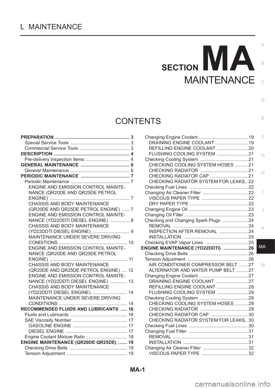 NISSAN X-TRAIL 2001  Service Repair Manual MA-1
MAINTENANCE
L  MAINTENANCE
CONTENTS
C
D
E
F
G
H
I
J
K
M
SECTION
A
B
MA
MAINTENANCE
PREPARATION ........................................................... 3
Special Service Tools  ...............
