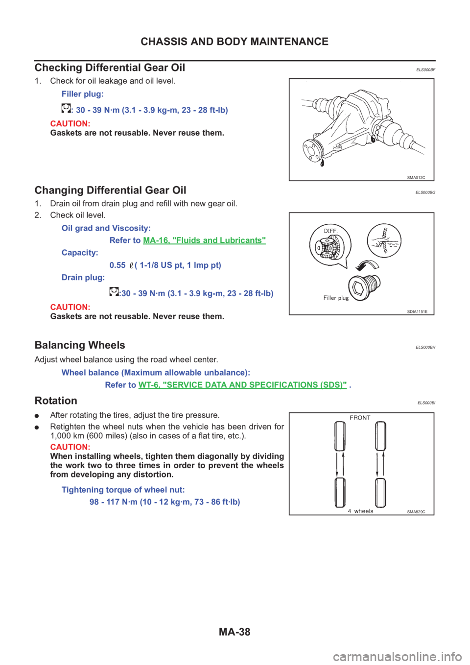NISSAN X-TRAIL 2001  Service Repair Manual MA-38
CHASSIS AND BODY MAINTENANCE
Checking Differential Gear Oil
ELS000BF
1. Check for oil leakage and oil level.
CAUTION:
Gaskets are not reusable. Never reuse them. 
Changing Differential Gear OilE