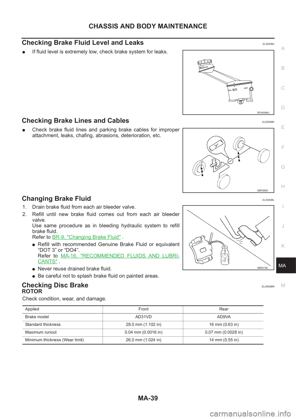 NISSAN X-TRAIL 2001  Service Repair Manual CHASSIS AND BODY MAINTENANCE
MA-39
C
D
E
F
G
H
I
J
K
MA
B
MA
Checking Brake Fluid Level and LeaksELS000BJ
●If fluid level is extremely low, check brake system for leaks.
Checking Brake Lines and Cab