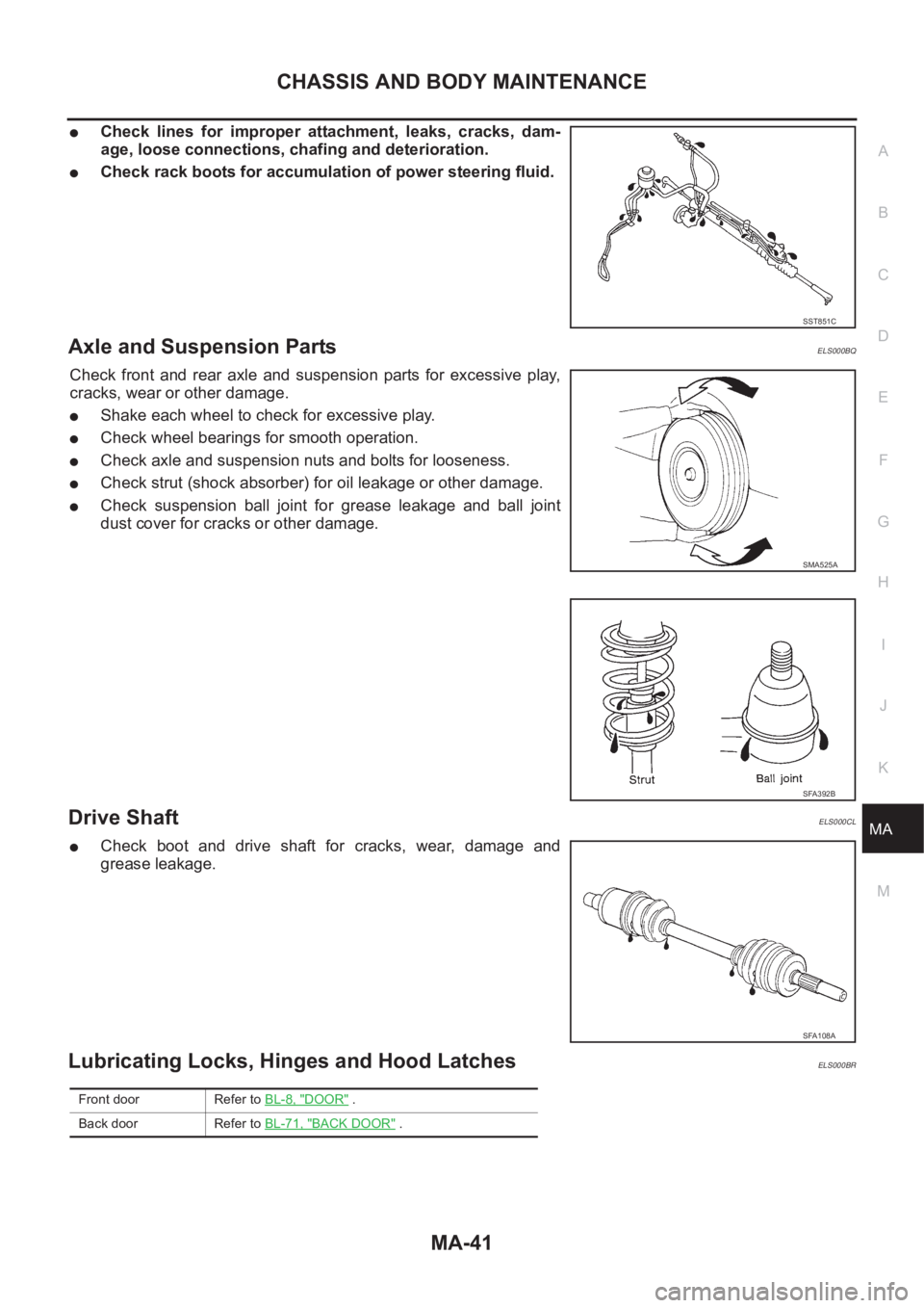 NISSAN X-TRAIL 2001 Service Repair Manual CHASSIS AND BODY MAINTENANCE
MA-41
C
D
E
F
G
H
I
J
K
MA
B
MA
●Check lines for improper attachment, leaks, cracks, dam-
age, loose connections, chafing and deterioration.
●Check rack boots f NISSAN X-TRAIL 2001 Service Repair Manual CHASSIS AND BODY MAINTENANCE
MA-41
C
D
E
F
G
H
I
J
K
MA
B
MA
●Check lines for improper attachment, leaks, cracks, dam-
age, loose connections, chafing and deterioration.
●Check rack boots f