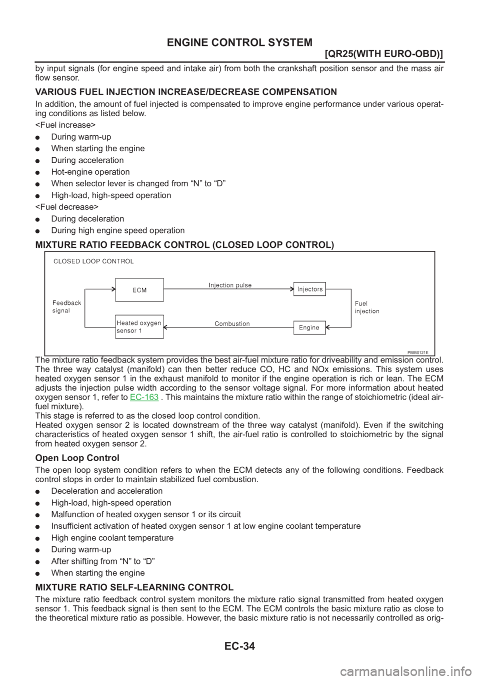 NISSAN X-TRAIL 2001  Service Repair Manual EC-34
[QR25(WITH EURO-OBD)]
ENGINE CONTROL SYSTEM
by input  signals  (for engine  speed  and  intake  air) from both  the crankshaft position  sensor  and  the  mass  air
flow sensor.
VARIOUS FUEL INJ