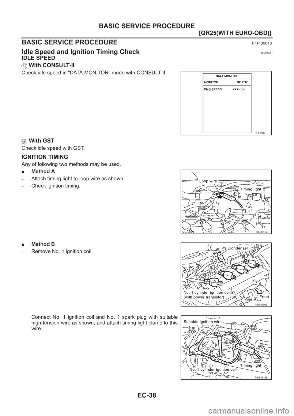 NISSAN X-TRAIL 2001  Service Repair Manual EC-38
[QR25(WITH EURO-OBD)]
BASIC SERVICE PROCEDURE
BASIC SERVICE PROCEDURE
PFP:00018
Idle Speed and Ignition Timing CheckEBS00M0H
IDLE SPEED
 With CONSULT-II
Check idle speed in “DATA MONITOR” mo