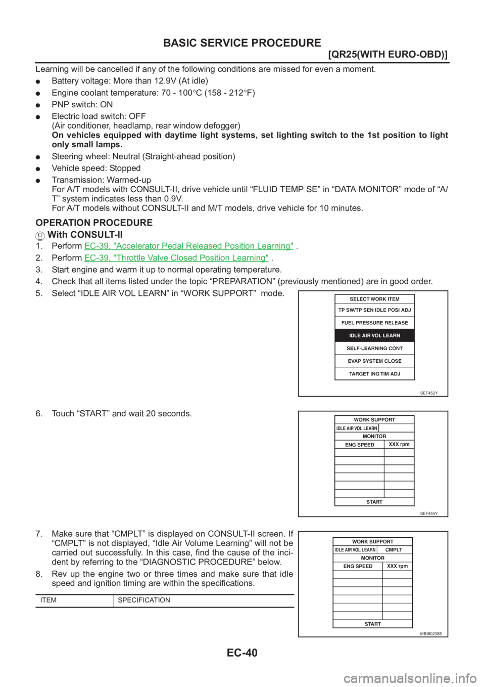 NISSAN X-TRAIL 2001  Service Repair Manual EC-40
[QR25(WITH EURO-OBD)]
BASIC SERVICE PROCEDURE
Learning will be cancelled if any of the following conditions are missed for even a moment.
●Battery voltage: More than 12.9V (At idle)
●Engine 