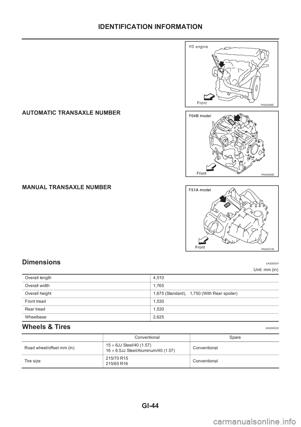 NISSAN X-TRAIL 2001 Service Service Manual GI-44
IDENTIFICATION INFORMATION
AUTOMATIC TRANSAXLE NUMBER
MANUAL TRANSAXLE NUMBER
Dimensions EAS000GF
Unit: mm (in)
Wheels & Tires EAS000GG
PAIA0008E
PAIA0009E
PAIA0010E
Overall length 4,510
Overa NISSAN X-TRAIL 2001 Service Service Manual GI-44
IDENTIFICATION INFORMATION
AUTOMATIC TRANSAXLE NUMBER
MANUAL TRANSAXLE NUMBER
Dimensions EAS000GF
Unit: mm (in)
Wheels & Tires EAS000GG
PAIA0008E
PAIA0009E
PAIA0010E
Overall length 4,510
Overa