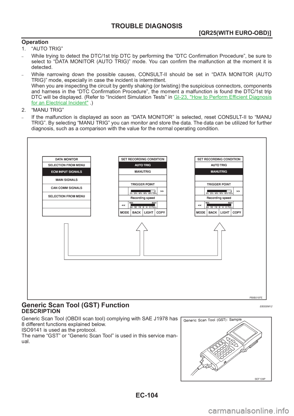 NISSAN X-TRAIL 2001  Service Repair Manual EC-104
[QR25(WITH EURO-OBD)]
TROUBLE DIAGNOSIS
Operation
1. “AUTO TRIG”
–While trying to detect the DTC/1st trip DTC by performing the “DTC Confirmation Procedure”, be sure to
select to “D
