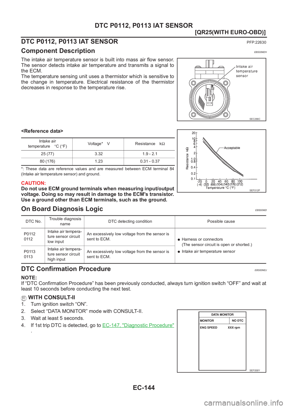 NISSAN X-TRAIL 2001  Service Repair Manual EC-144
[QR25(WITH EURO-OBD)]
DTC P0112, P0113 IAT SENSOR
DTC P0112, P0113 IAT SENSOR
PFP:22630
Component DescriptionEBS00M2H
The intake air temperature sensor is built into mass air flow sensor.
The  