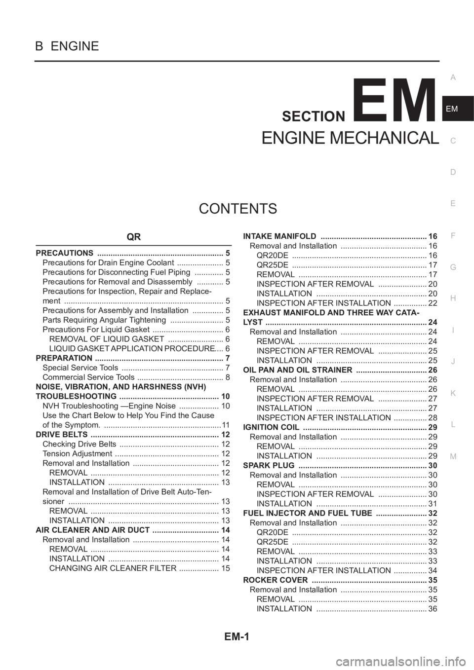 NISSAN X-TRAIL 2001  Service Repair Manual EM-1
ENGINE MECHANICAL
B  ENGINE
CONTENTS
C
D
E
F
G
H
I
J
K
L
M
SECTION
A
EM
ENGINE MECHANICAL
QR
PRECAUTIONS  .......................................................... 5
Precautions for Drain Engine