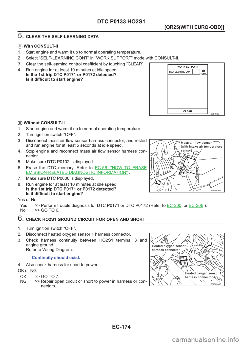 NISSAN X-TRAIL 2001  Service Repair Manual EC-174
[QR25(WITH EURO-OBD)]
DTC P0133 HO2S1
5. CLEAR THE SELF-LEARNING DATA
With CONSULT-II
1. Start engine and warm it up to normal operating temperature.
2. Select “SELF-LEARNING CONT” in “WO