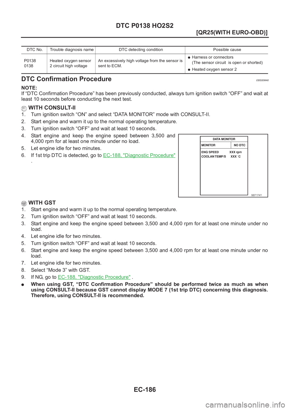 NISSAN X-TRAIL 2001  Service Repair Manual EC-186
[QR25(WITH EURO-OBD)]
DTC P0138 HO2S2
DTC Confirmation Procedure
EBS00M46
NOTE:
If “DTC Confirmation Procedure” has been previously conducted, always turn ignition switch “OFF” and wait