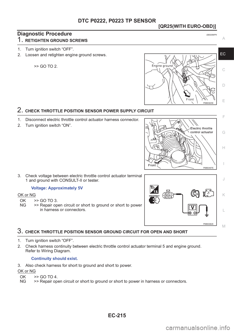 NISSAN X-TRAIL 2001  Service Repair Manual DTC P0222, P0223 TP SENSOR
EC-215
[QR25(WITH EURO-OBD)]
C
D
E
F
G
H
I
J
K
L
MA
EC
Diagnostic ProcedureEBS00MPK
1.RETIGHTEN GROUND SCREWS
1. Turn ignition switch “OFF”.
2. Loosen and retighten engi