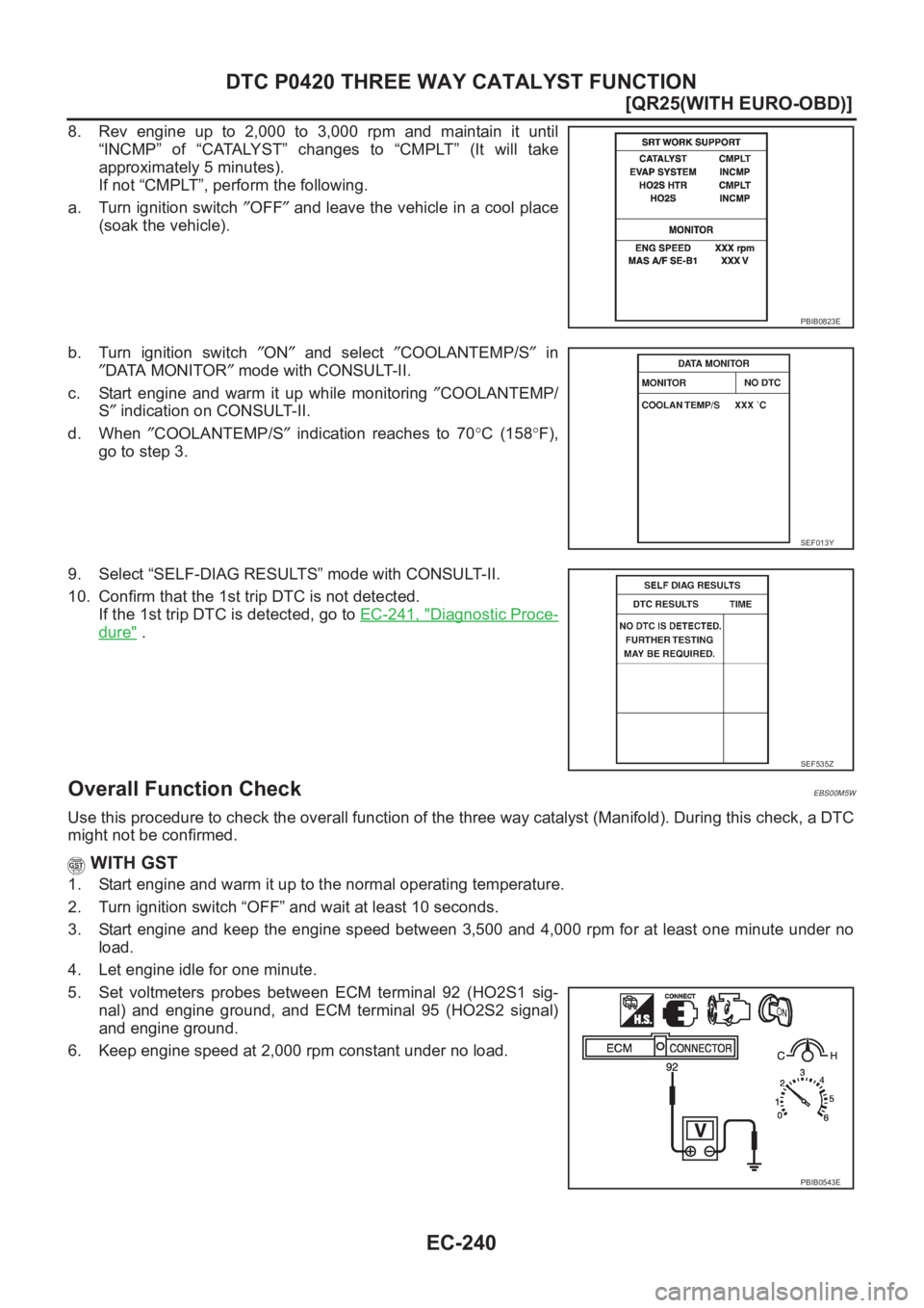 NISSAN X-TRAIL 2001  Service Repair Manual EC-240
[QR25(WITH EURO-OBD)]
DTC P0420 THREE WAY CATALYST FUNCTION
8. Rev  engine  up  to  2,000  to  3,000  rpm  and  maintain  it  until
“INCMP”  of  “CATALYST”  changes  to  “CMPLT”  (I