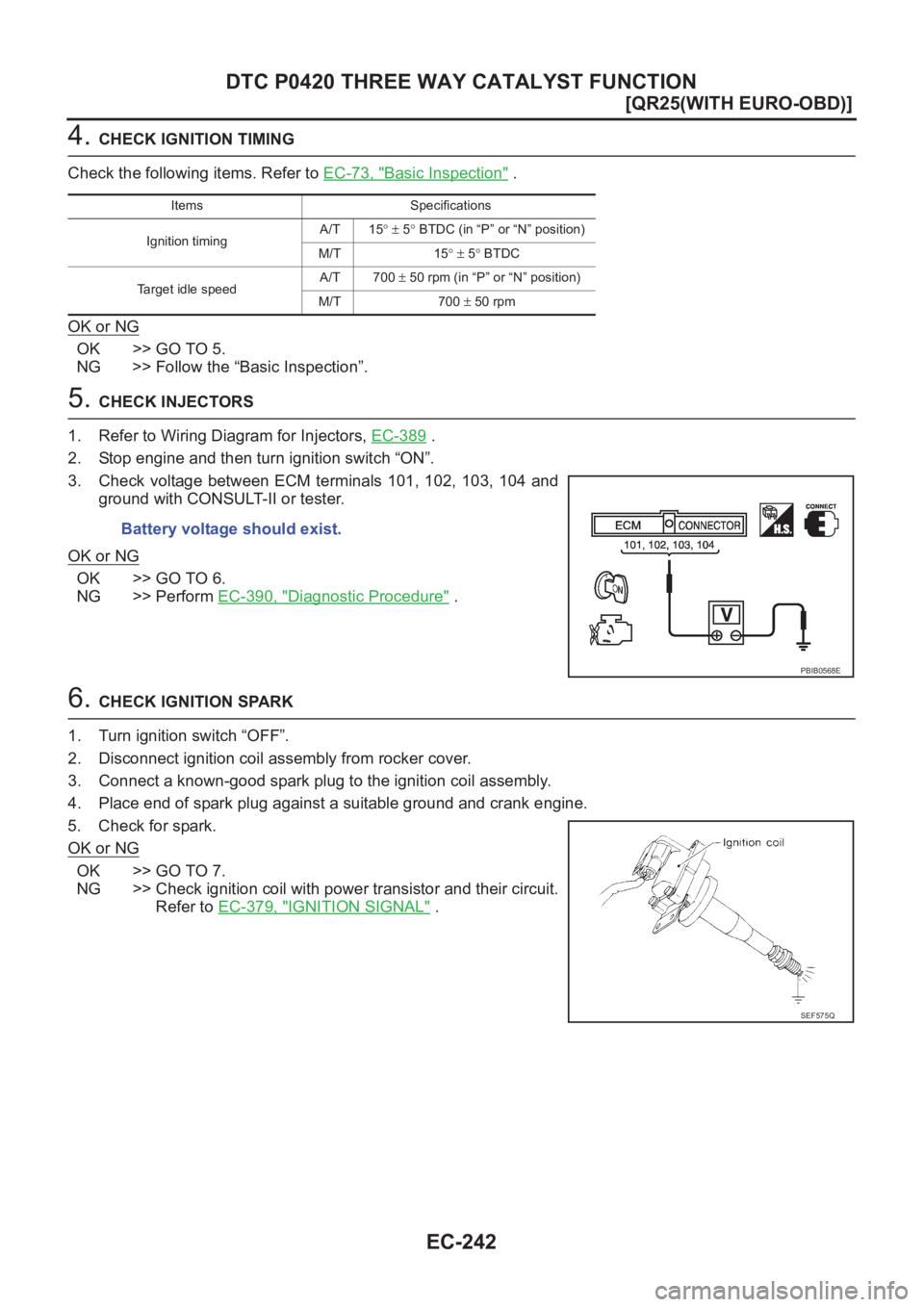 NISSAN X-TRAIL 2001  Service Repair Manual EC-242
[QR25(WITH EURO-OBD)]
DTC P0420 THREE WAY CATALYST FUNCTION
4. CHECK IGNITION TIMING
Check the following items. Refer to EC-73, "
Basic Inspection" .
OK or NG
OK >> GO TO 5.
NG >> Follo