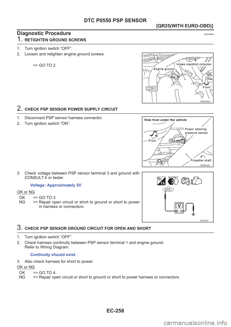 NISSAN X-TRAIL 2001  Service Repair Manual EC-258
[QR25(WITH EURO-OBD)]
DTC P0550 PSP SENSOR
Diagnostic Procedure
EBS00M6K
1. RETIGHTEN GROUND SCREWS
1. Turn ignition switch “OFF”.
2. Loosen and retighten engine ground screws.
>> GO TO 2.
