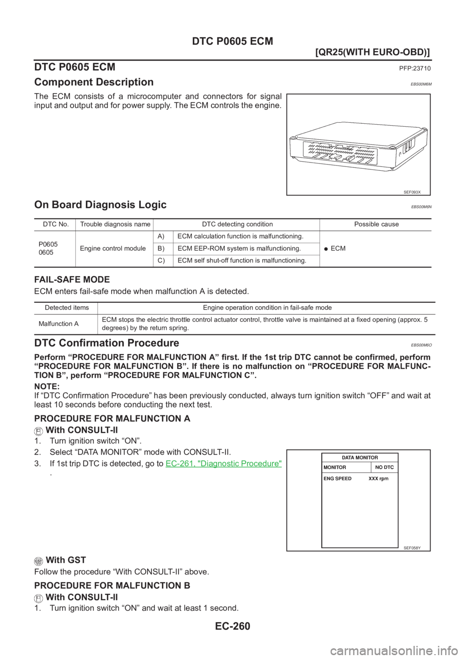 NISSAN X-TRAIL 2001  Service Repair Manual EC-260
[QR25(WITH EURO-OBD)]
DTC P0605 ECM
DTC P0605 ECM
PFP:23710
Component DescriptionEBS00M6M
The  ECM  consists  of  a  microcomputer  and  connectors  for  signal
input and output and for power s