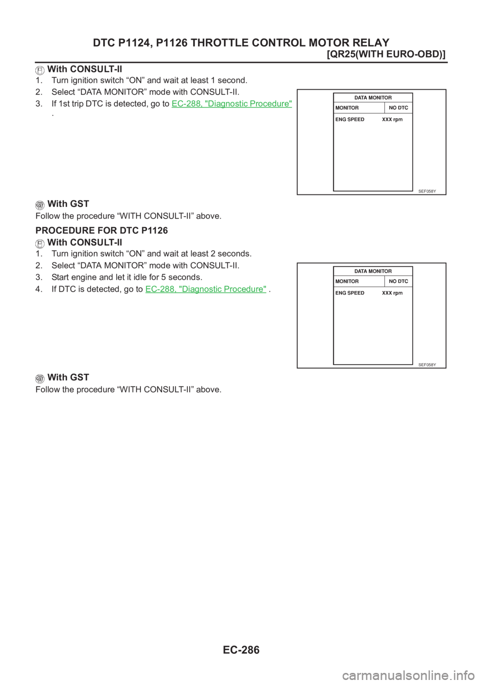 NISSAN X-TRAIL 2001  Service Repair Manual EC-286
[QR25(WITH EURO-OBD)]
DTC P1124, P1126 THROTTLE CONTROL MOTOR RELAY
 With CONSULT-II
1. Turn ignition switch “ON” and wait at least 1 second.
2. Select “DATA MONITOR” mode with CONSULT-