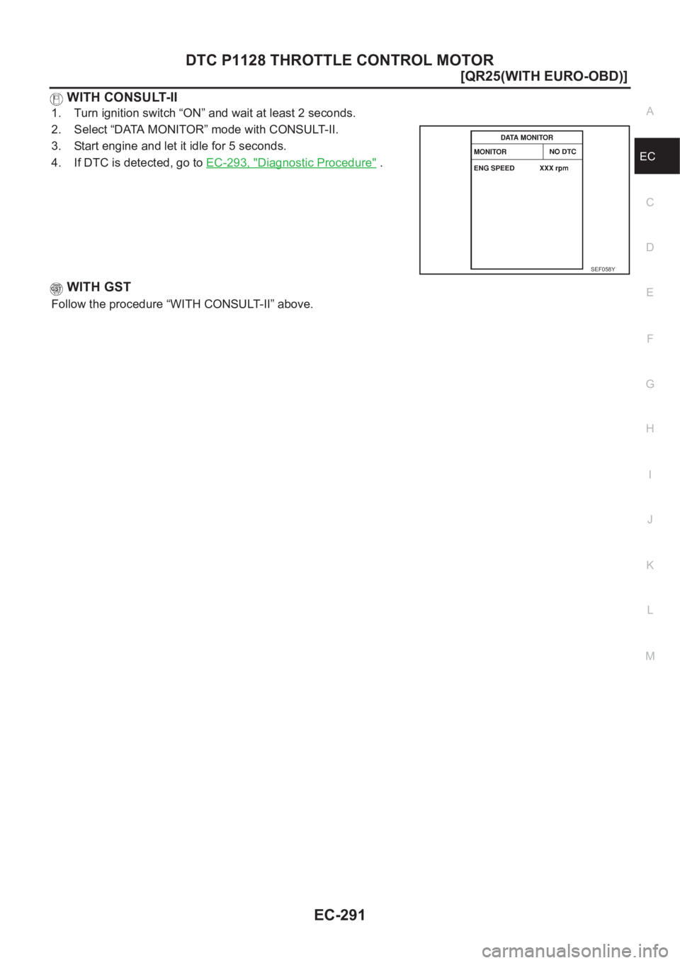 NISSAN X-TRAIL 2001  Service Repair Manual DTC P1128 THROTTLE CONTROL MOTOR
EC-291
[QR25(WITH EURO-OBD)]
C
D
E
F
G
H
I
J
K
L
MA
EC
 WITH CONSULT-II
1. Turn ignition switch “ON” and wait at least 2 seconds.
2. Select “DATA MONITOR” mode
