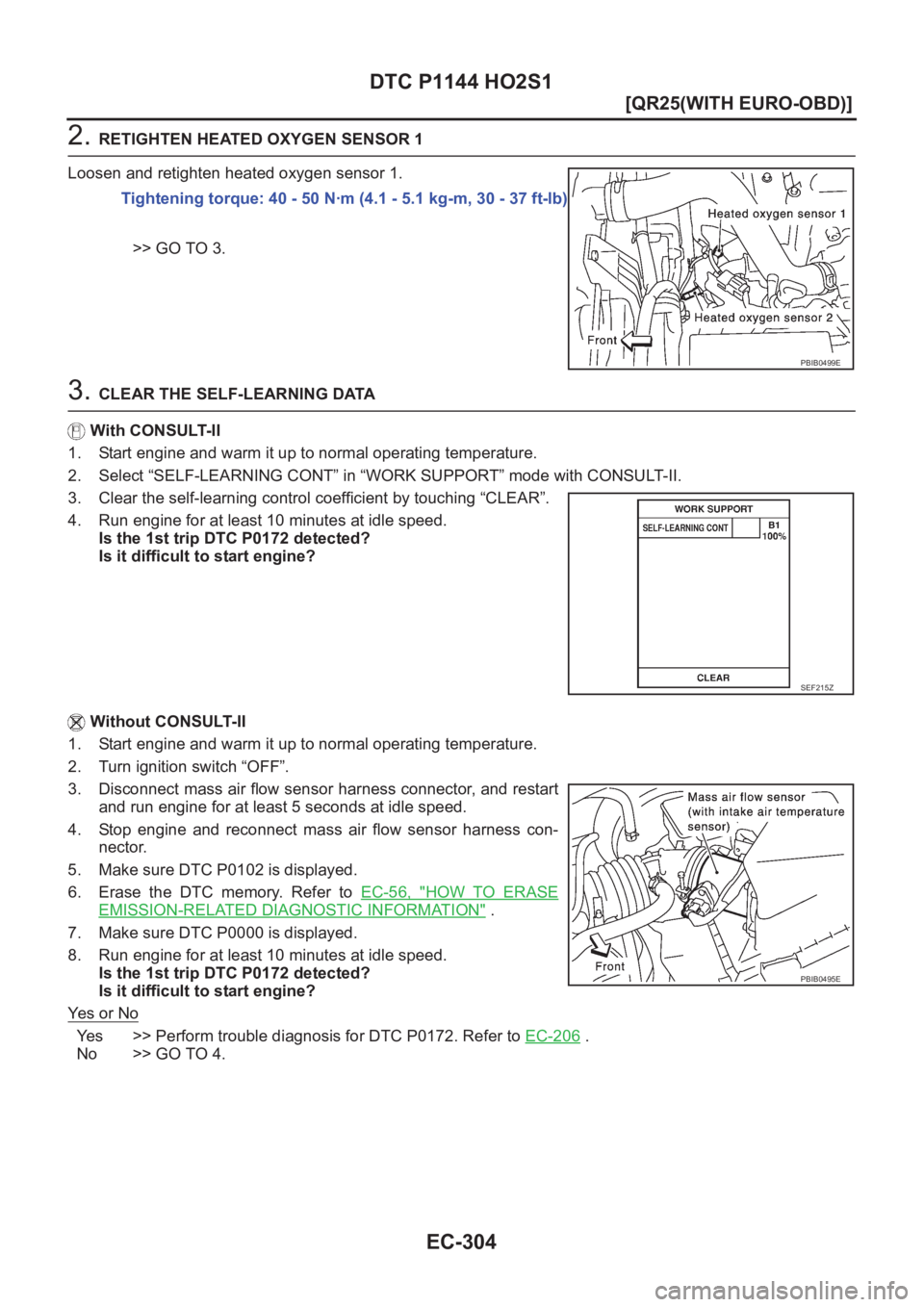 NISSAN X-TRAIL 2001  Service Repair Manual EC-304
[QR25(WITH EURO-OBD)]
DTC P1144 HO2S1
2. RETIGHTEN HEATED OXYGEN SENSOR 1
Loosen and retighten heated oxygen sensor 1.
>> GO TO 3.
3. CLEAR THE SELF-LEARNING DATA
With CONSULT-II
1. Start engin
