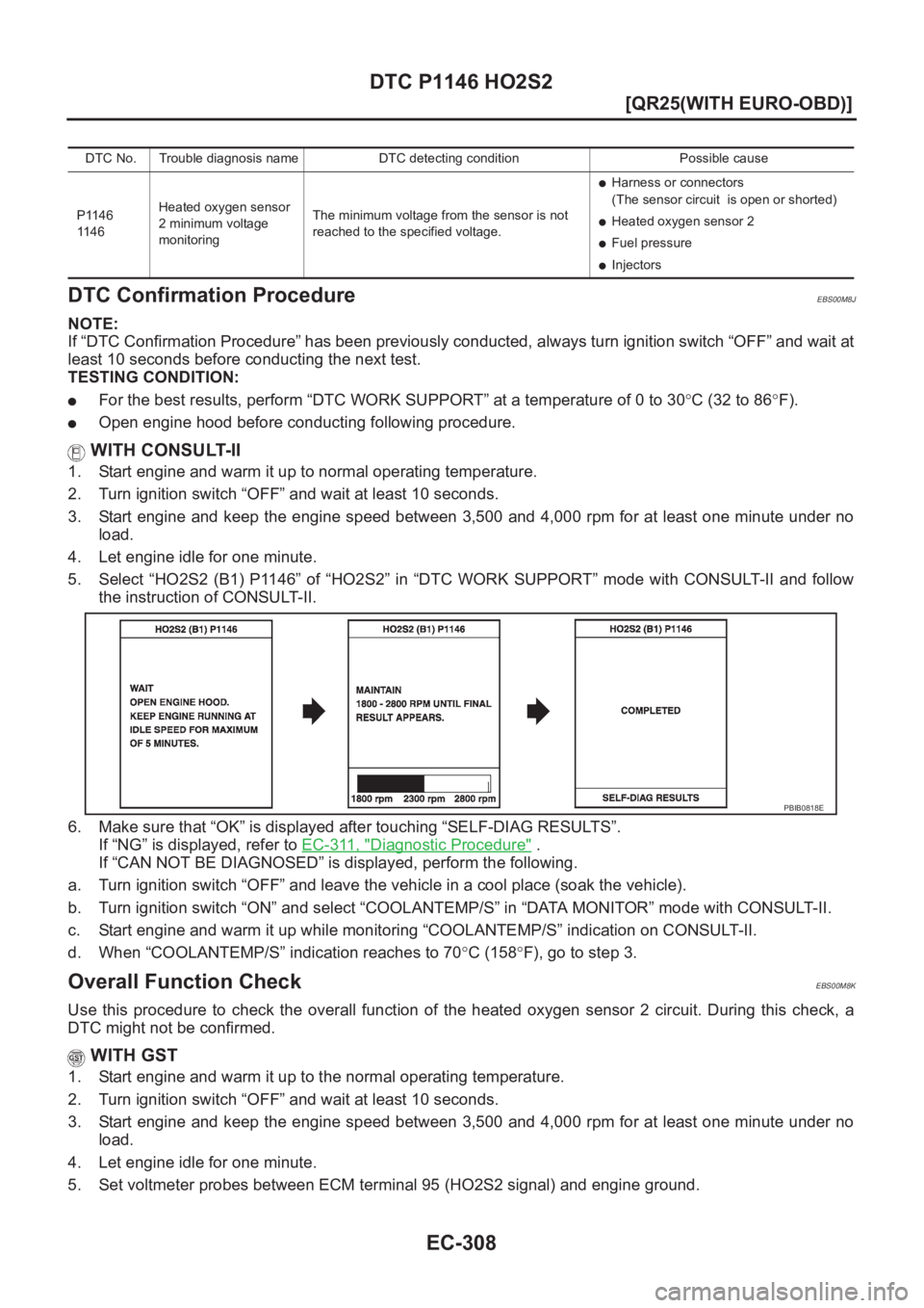 NISSAN X-TRAIL 2001  Service Repair Manual EC-308
[QR25(WITH EURO-OBD)]
DTC P1146 HO2S2
DTC Confirmation Procedure
EBS00M8J
NOTE:
If “DTC Confirmation Procedure” has been previously conducted, always turn ignition switch “OFF” and wait