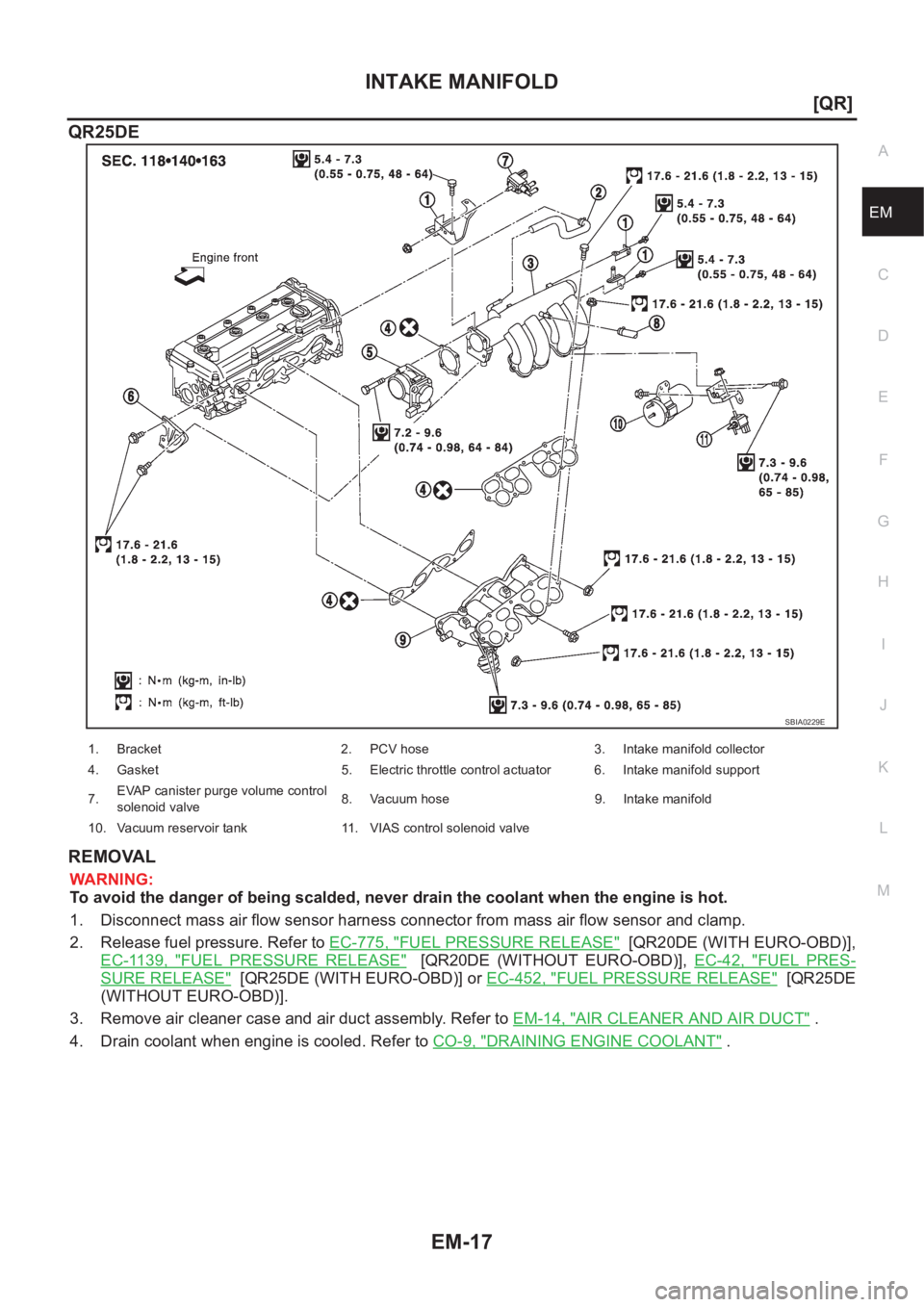 NISSAN X-TRAIL 2001  Service Repair Manual INTAKE MANIFOLD
EM-17
[QR]
C
D
E
F
G
H
I
J
K
L
MA
EM
QR25DE
REMOVAL
WARNING:
To avoid the danger of being scalded, never drain the coolant when the engine is hot.
1. Disconnect mass air flow sensor ha