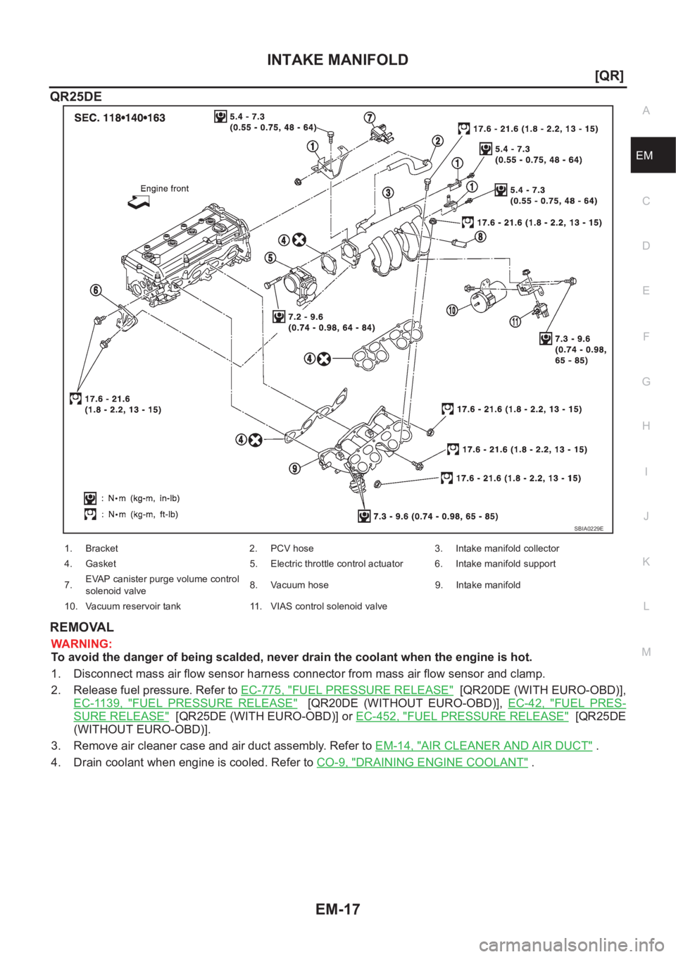 NISSAN X-TRAIL 2001  Service Manual PDF INTAKE MANIFOLD
EM-17
[QR]
C
D
E
F
G
H
I
J
K
L
MA
EM
QR25DE
REMOVAL
WARNING:
To avoid the danger of being scalded, never drain the coolant when the engine is hot.
1. Disconnect mass air flow sensor ha