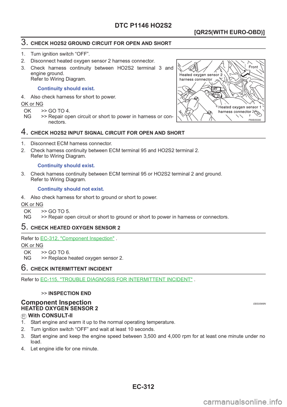 NISSAN X-TRAIL 2001  Service Repair Manual EC-312
[QR25(WITH EURO-OBD)]
DTC P1146 HO2S2
3. CHECK HO2S2 GROUND CIRCUIT FOR OPEN AND SHORT
1. Turn ignition switch “OFF”.
2. Disconnect heated oxygen sensor 2 harness connector.
3. Check  harne