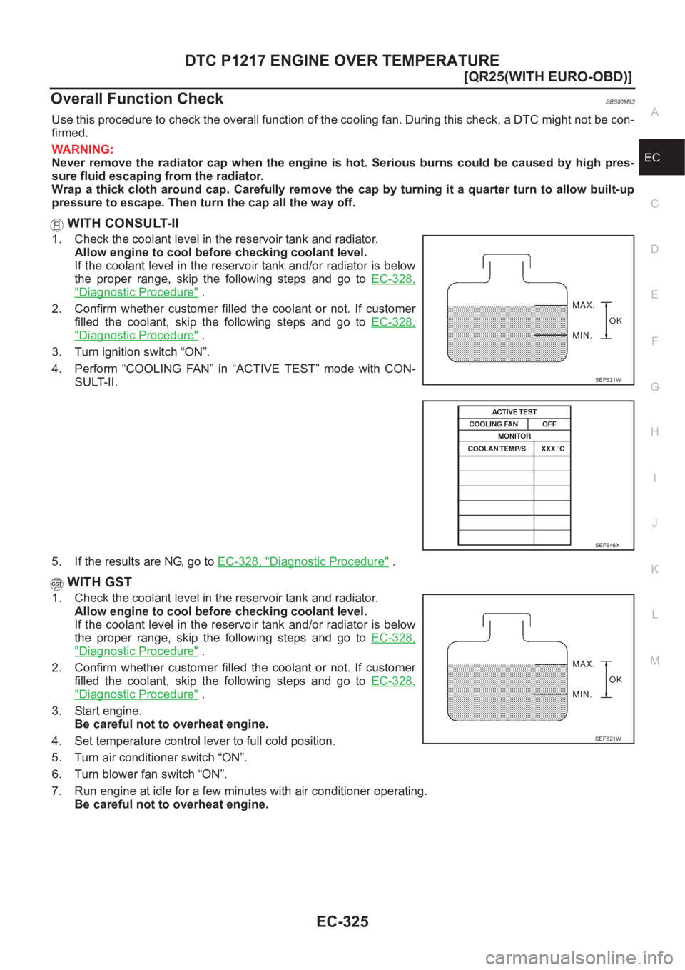 NISSAN X-TRAIL 2001  Service Repair Manual DTC P1217 ENGINE OVER TEMPERATURE
EC-325
[QR25(WITH EURO-OBD)]
C
D
E
F
G
H
I
J
K
L
MA
EC
Overall Function CheckEBS00M93
Use this procedure to check the overall function of the cooling fan. During this
