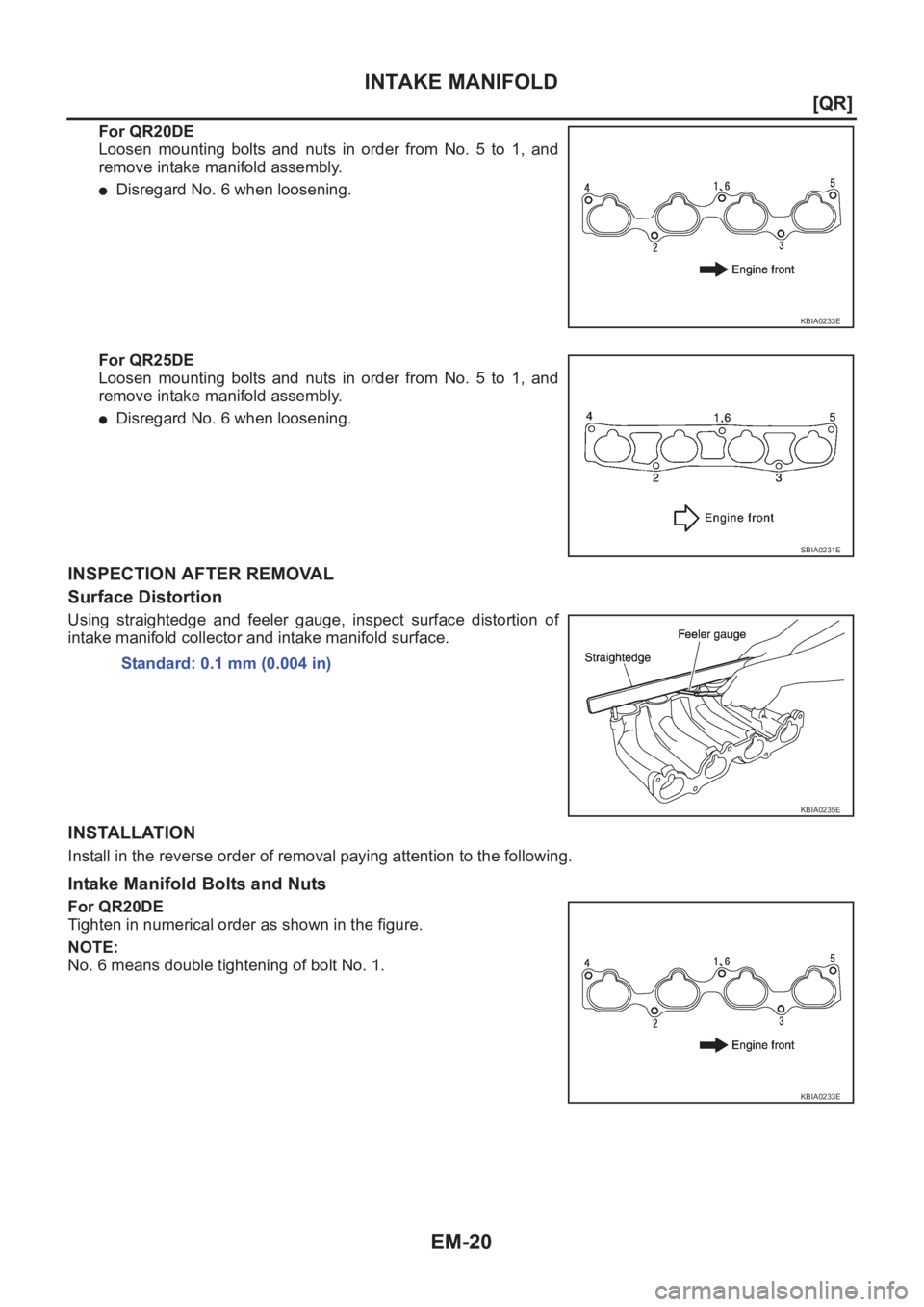 NISSAN X-TRAIL 2001  Service Manual PDF EM-20
[QR]
INTAKE MANIFOLD
For QR20DE
Loosen mounting bolts and nuts in order from No. 5 to 1, and
remove intake manifold assembly.
●Disregard No. 6 when loosening.
For QR25DE
Loosen mounting bolts 