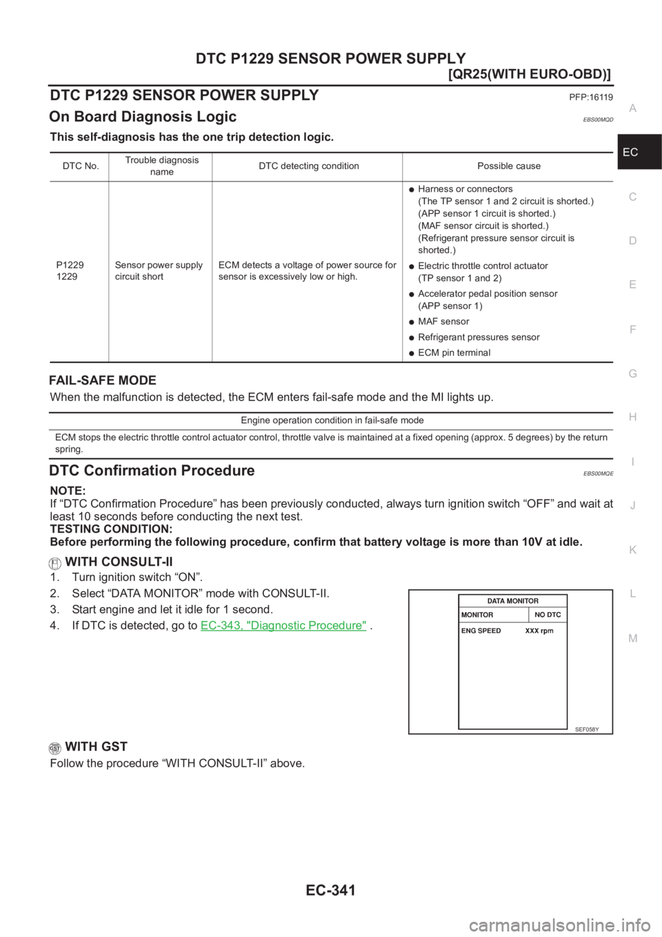 NISSAN X-TRAIL 2001  Service Repair Manual DTC P1229 SENSOR POWER SUPPLY
EC-341
[QR25(WITH EURO-OBD)]
C
D
E
F
G
H
I
J
K
L
MA
EC
DTC P1229 SENSOR POWER SUPPLYPFP:16119
On Board Diagnosis LogicEBS00MQD
This self-diagnosis has the one trip detect