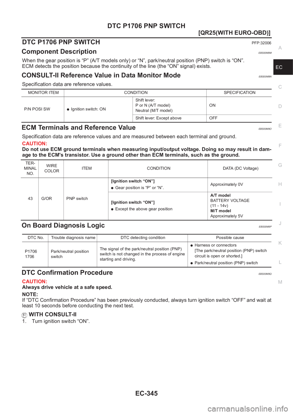 NISSAN X-TRAIL 2001  Service Repair Manual DTC P1706 PNP SWITCH
EC-345
[QR25(WITH EURO-OBD)]
C
D
E
F
G
H
I
J
K
L
MA
EC
DTC P1706 PNP SWITCHPFP:32006
Component DescriptionEBS00M9M
When the gear position is “P” (A/T models only) or “N”, 