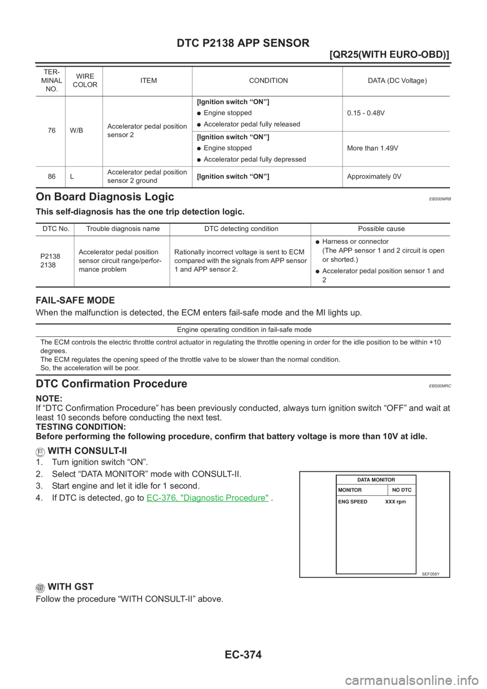 NISSAN X-TRAIL 2001  Service Repair Manual EC-374
[QR25(WITH EURO-OBD)]
DTC P2138 APP SENSOR
On Board Diagnosis Logic
EBS00MRB
This self-diagnosis has the one trip detection logic.
FAIL-SAFE MODE
When the malfunction is detected, the ECM enter