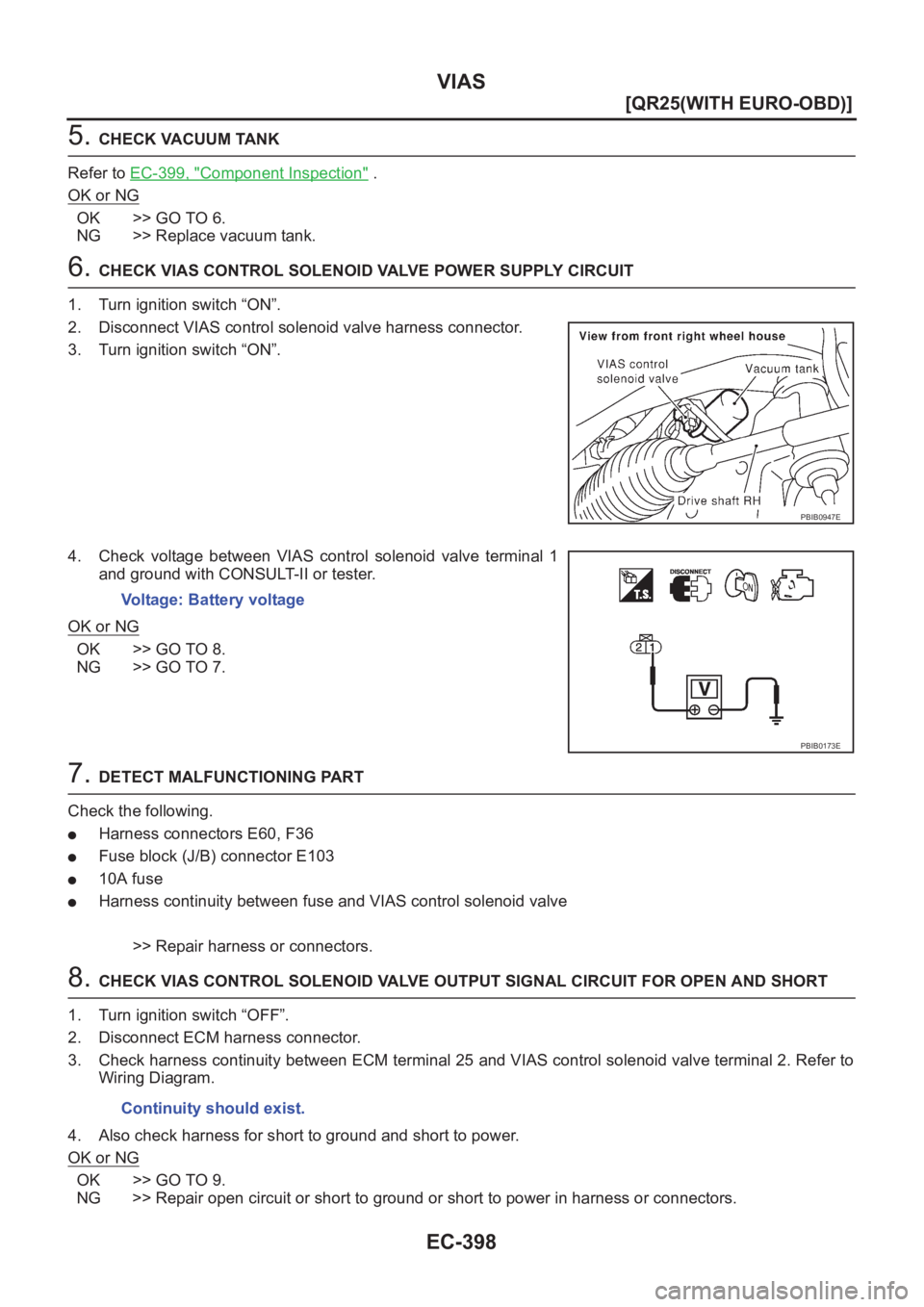 NISSAN X-TRAIL 2001  Service Repair Manual EC-398
[QR25(WITH EURO-OBD)]
VIAS
5. CHECK VACUUM TANK
Refer to EC-399, "
Component Inspection" .
OK or NG
OK >> GO TO 6.
NG >> Replace vacuum tank.
6. CHECK VIAS CONTROL SOLENOID VALVE POWER 